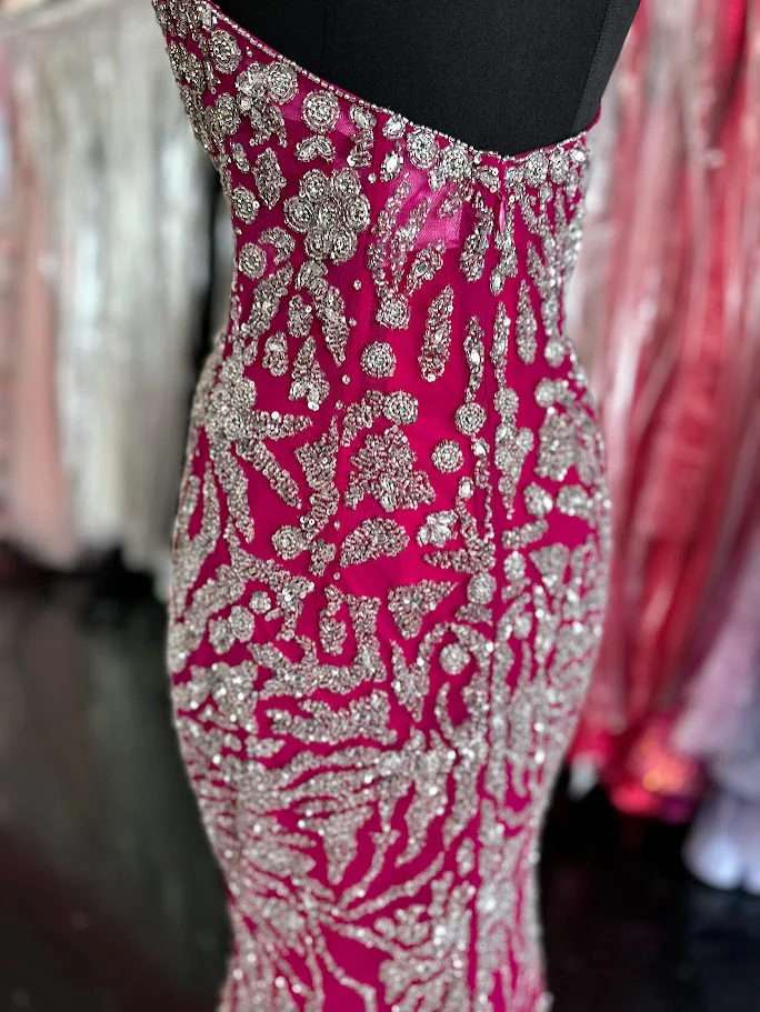 Chic and Holland AZ013 Size 2 Fuchsia Long Beaded Pageant Dress Formal Slit Evening Gown - Image 4