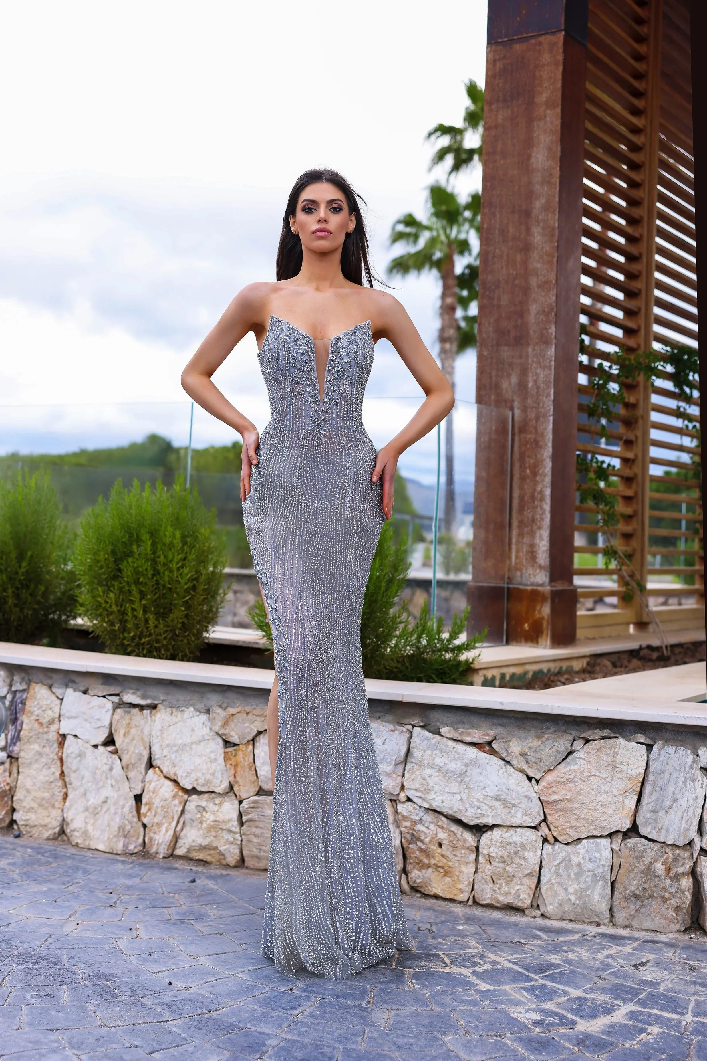 Chic and Holland HF110284 Size 0 Silver Crystal Fitted Pageant Dress High Slit Formal Couture Gown