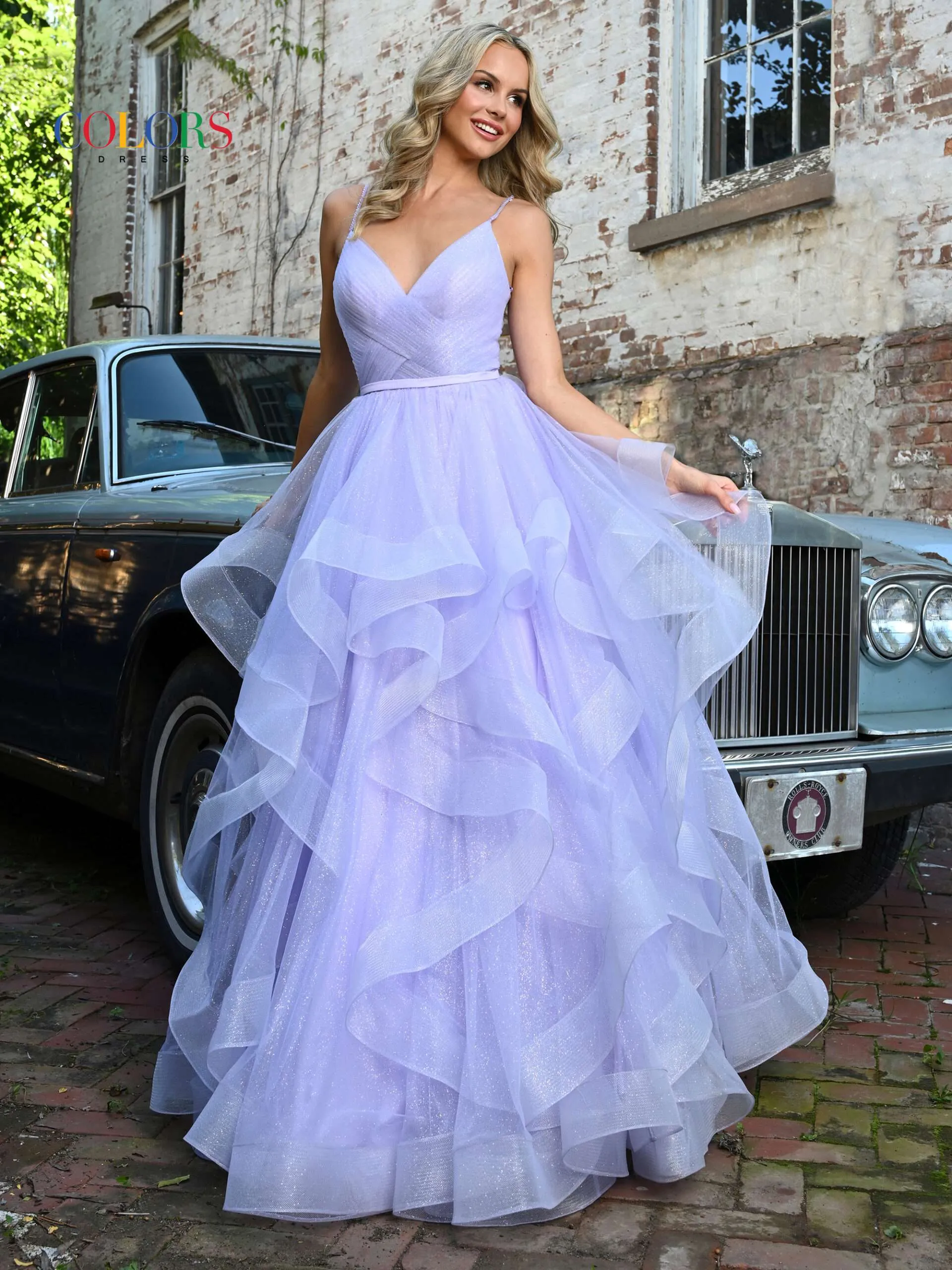 Colors Dress 2381 size 8, 16 Off White Prom Dress Ballgown V Neckline Layered Glitter Tulle Pageant Gown - Image 3