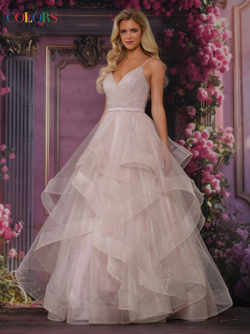 Colors Dress 2381 size 8, 16 Off White Prom Dress Ballgown V Neckline Layered Glitter Tulle Pageant Gown