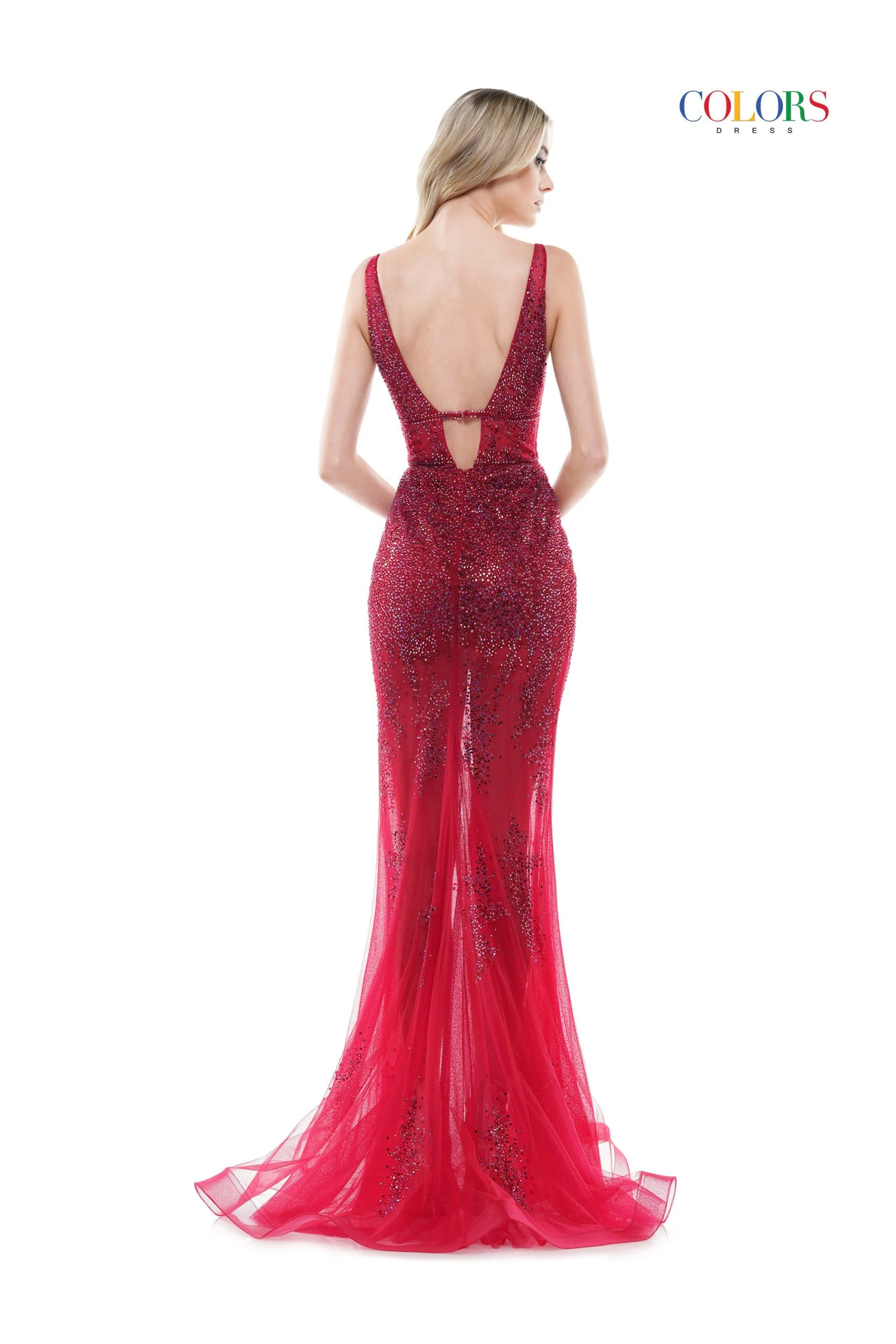 Colors Dress 2563 size 2, 12 Wine Prom Dress sheer skirt with undershorts v neckline heat stones - Image 2