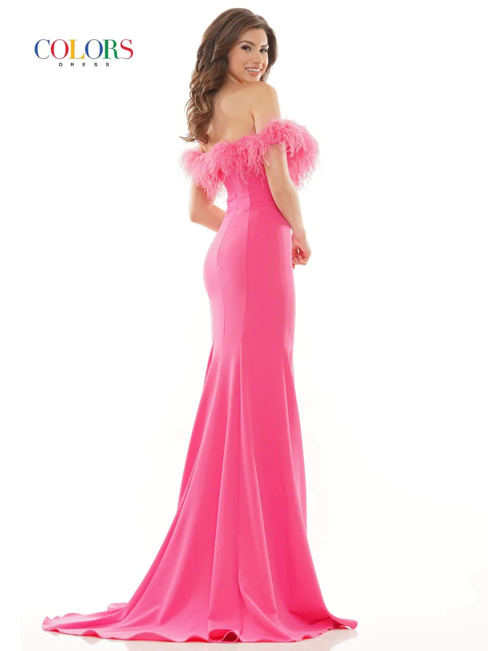 Colors Dress 2663 Size 4 Hot Pink Long Fitted Feather off the Shoulder Formal Prom Dress Slit Pageant Gown - Image 2