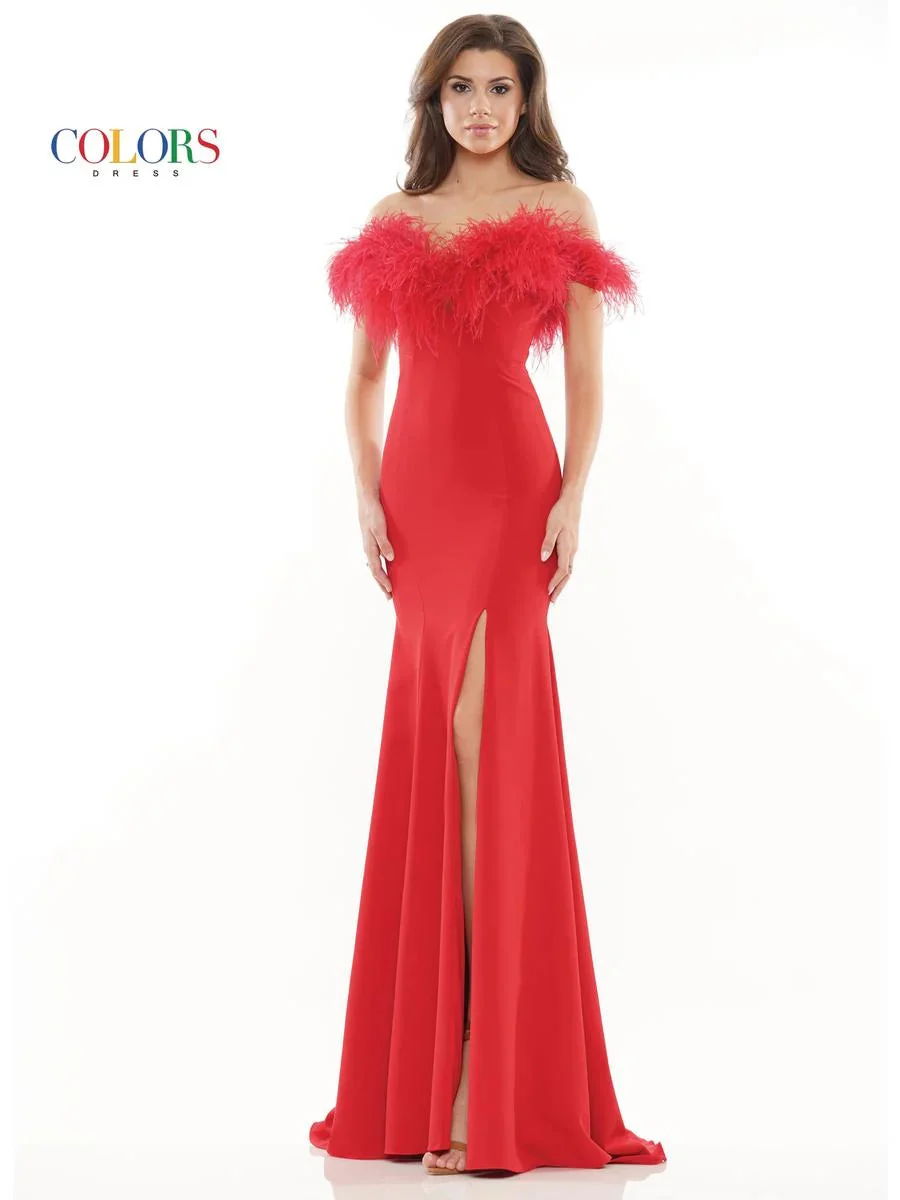 Colors Dress 2663 Size 4 Hot Pink Long Fitted Feather off the Shoulder Formal Prom Dress Slit Pageant Gown - Image 3