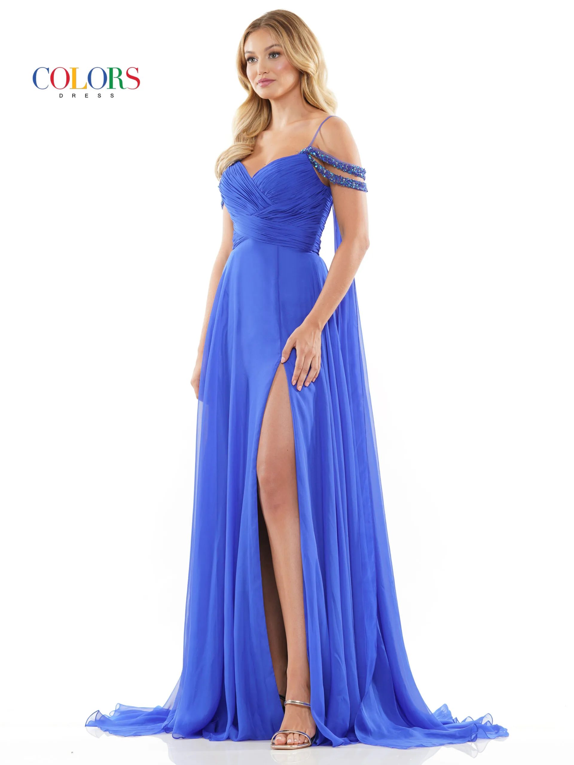 Colors Dress 3101 Size 4 Hot Pink A Line Chiffon Pageant Dress Cape Maxi Slit Prom Gown off the shoulder straps - Image 3