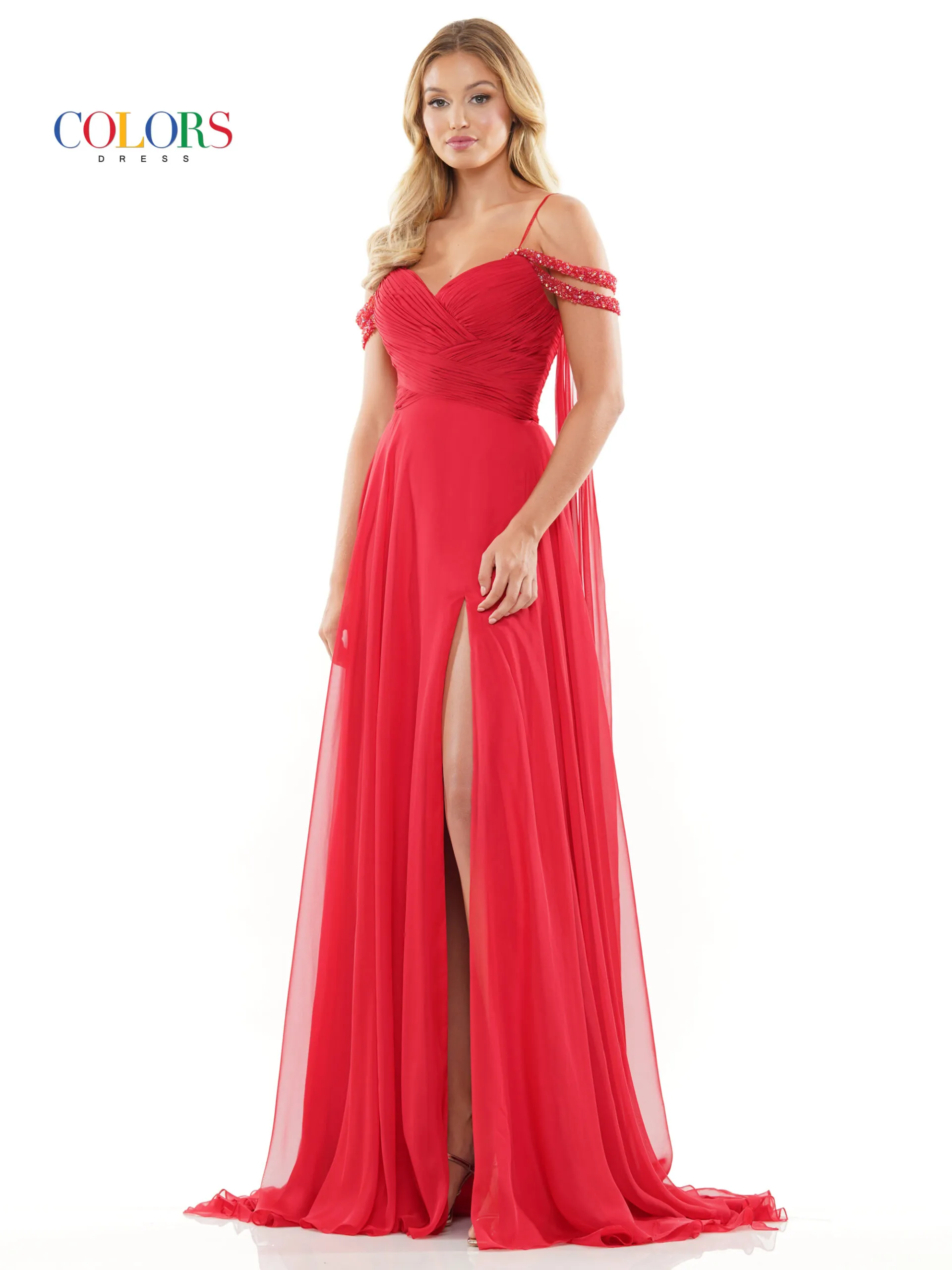 Colors Dress 3101 Size 4 Hot Pink A Line Chiffon Pageant Dress Cape Maxi Slit Prom Gown off the shoulder straps - Image 4