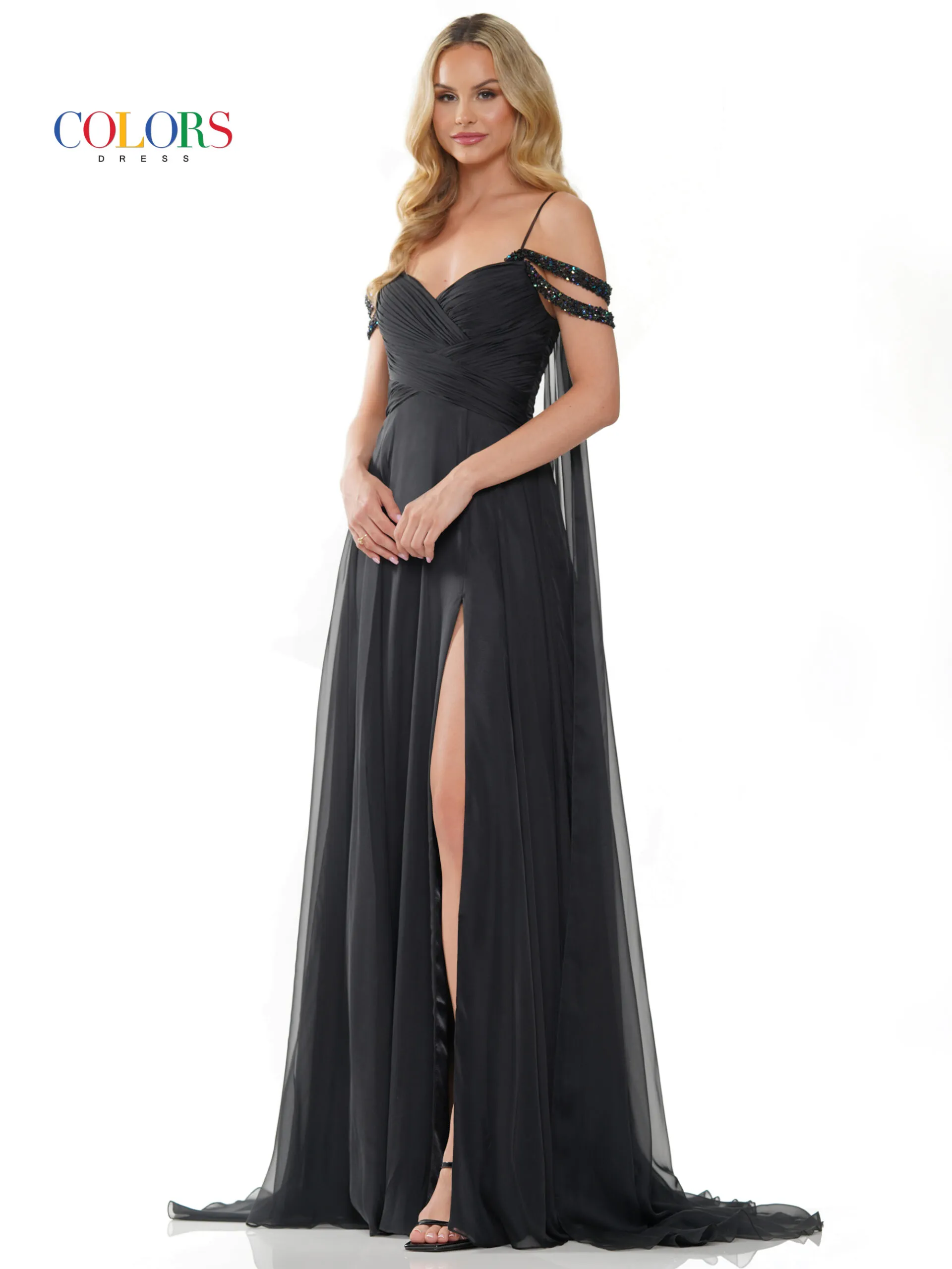 Colors Dress 3101 Size 4 Hot Pink A Line Chiffon Pageant Dress Cape Maxi Slit Prom Gown off the shoulder straps - Image 5