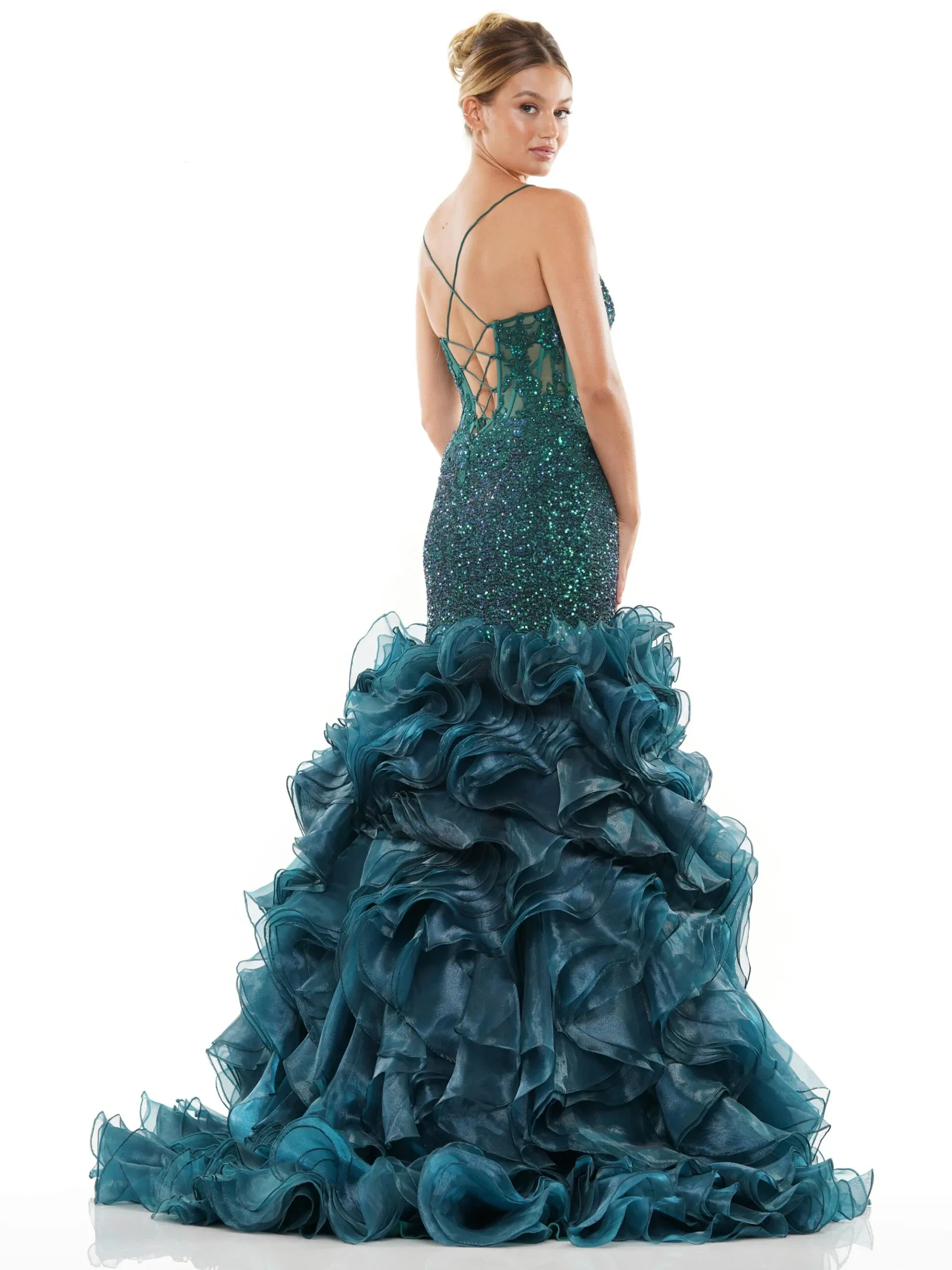 Colors Dress 3214 Layer Ruffle Mermaid Prom Dress High Slit Lace Sequin Sheer Corset - Image 5