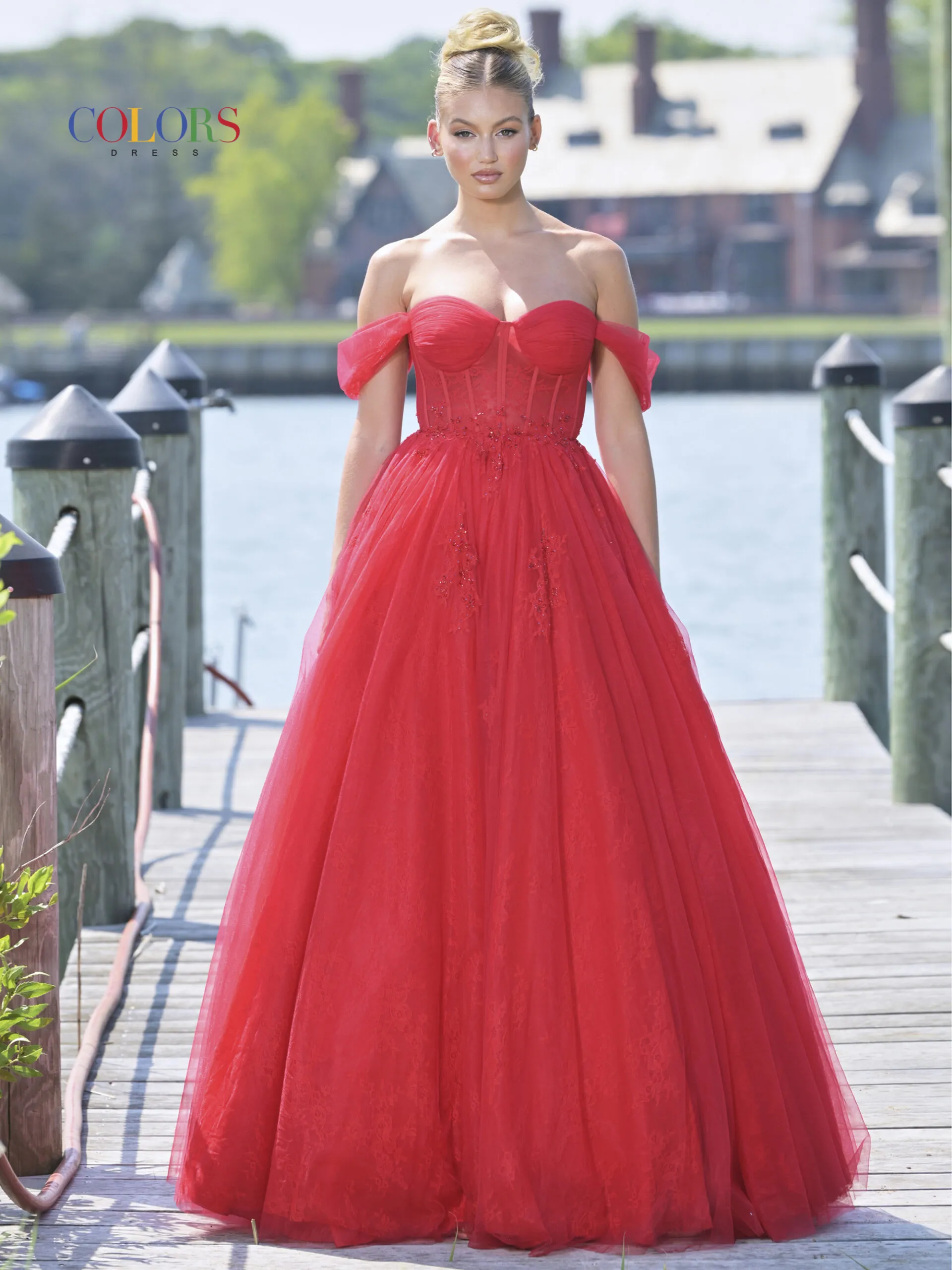 Colors Dress 3240 Long Lace Sheer Corset Ballgown Prom Dress off the Shoulder A Line Prom - Image 3
