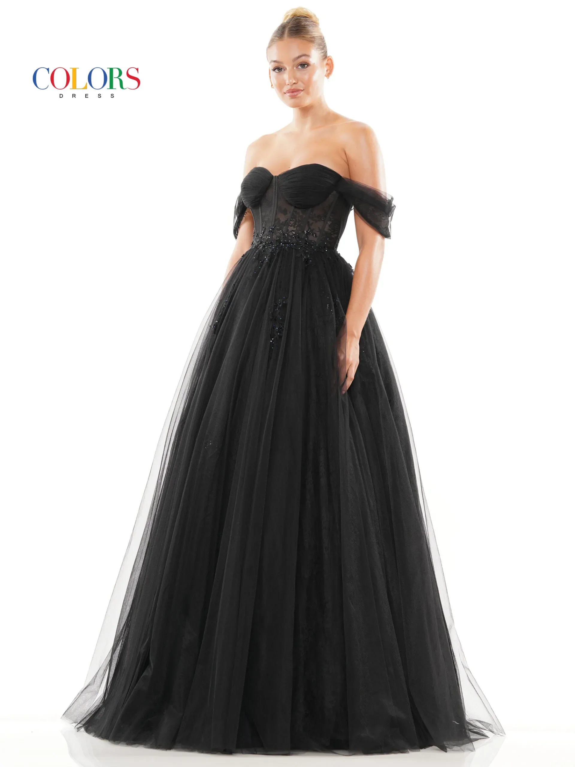 Colors Dress 3240 Long Lace Sheer Corset Ballgown Prom Dress off the Shoulder A Line Prom - Image 4