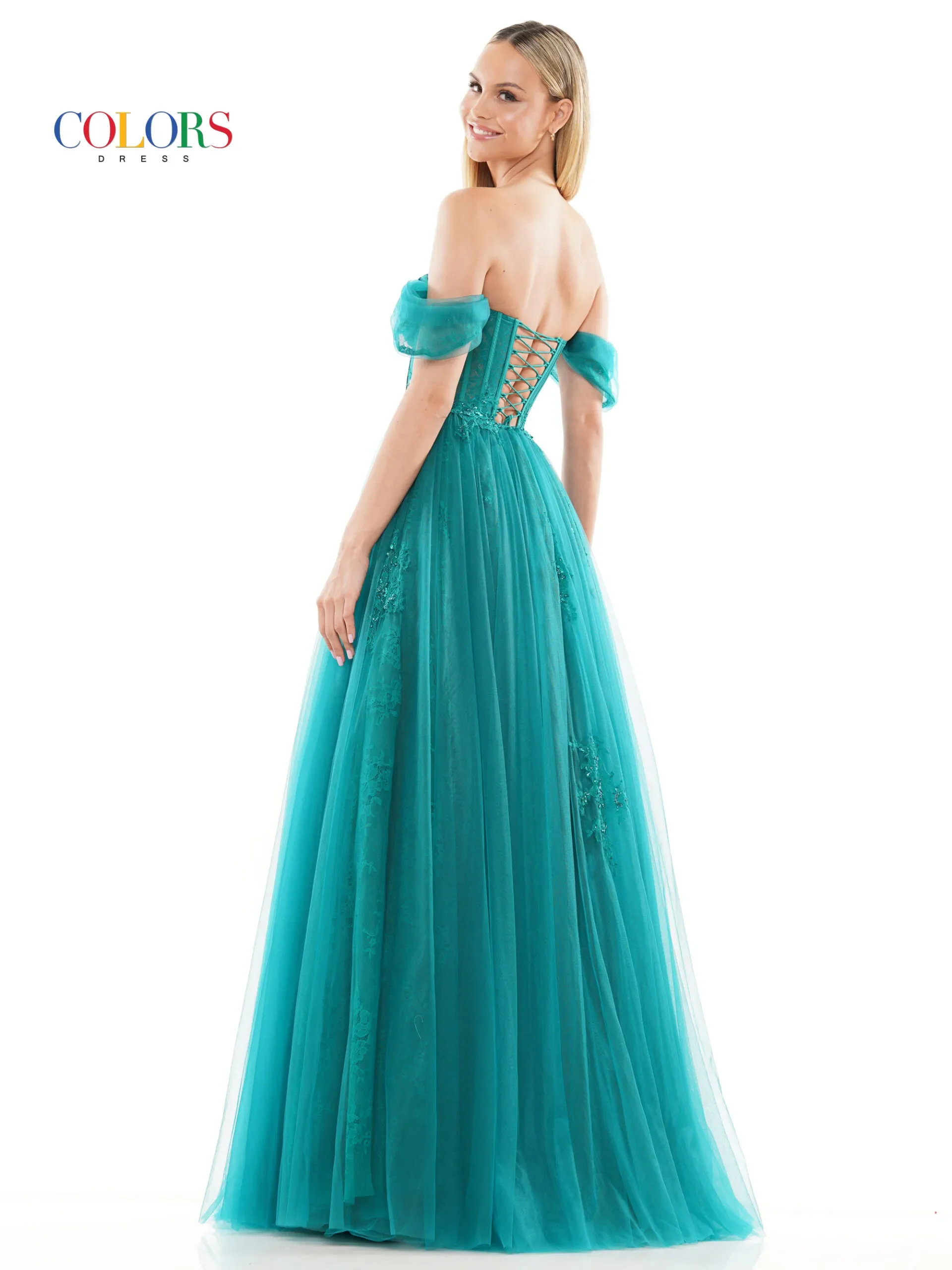 Colors Dress 3240 Long Lace Sheer Corset Ballgown Prom Dress off the Shoulder A Line Prom - Image 5