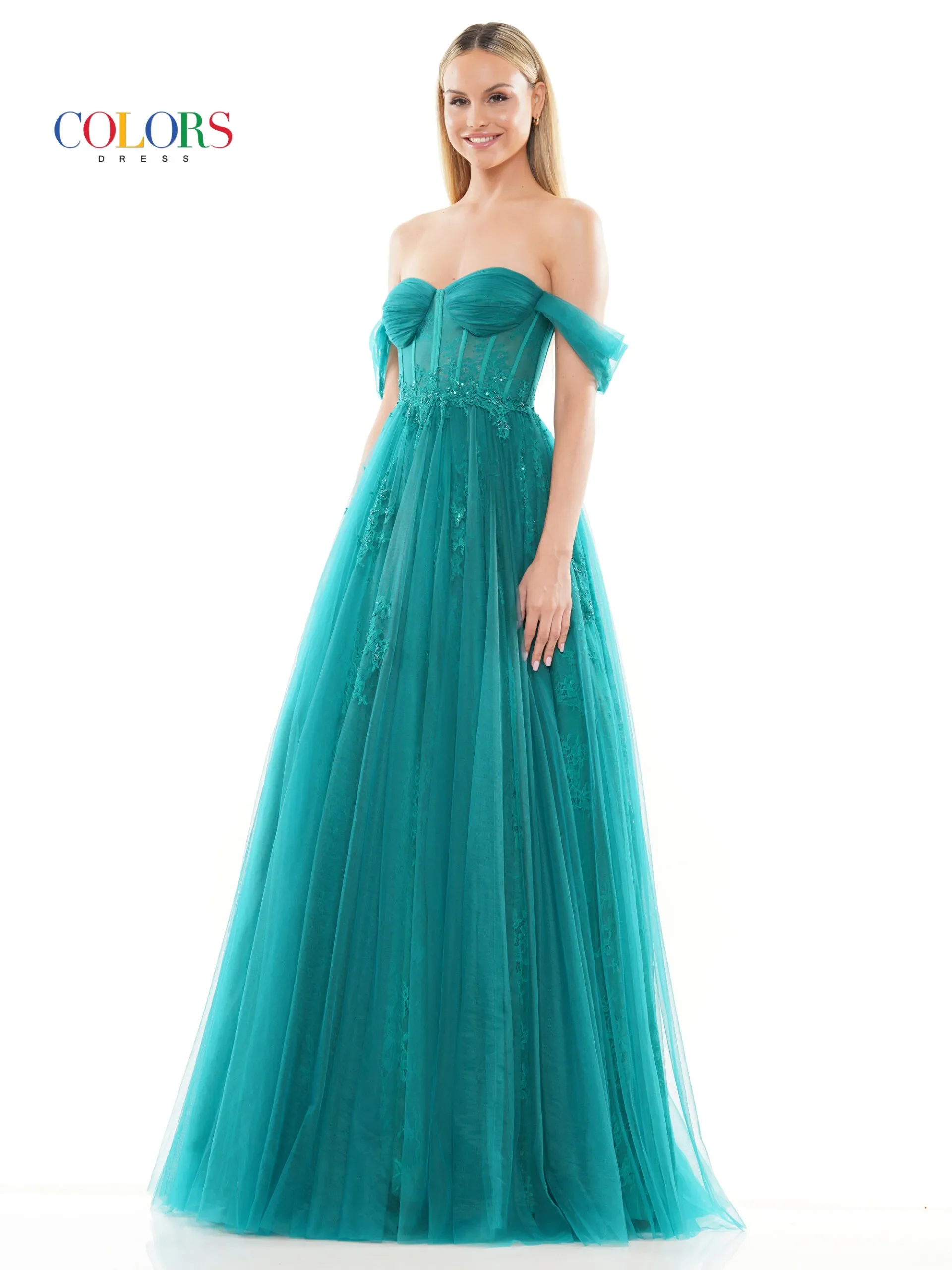 Colors Dress 3240 Long Lace Sheer Corset Ballgown Prom Dress off the Shoulder A Line Prom - Image 6