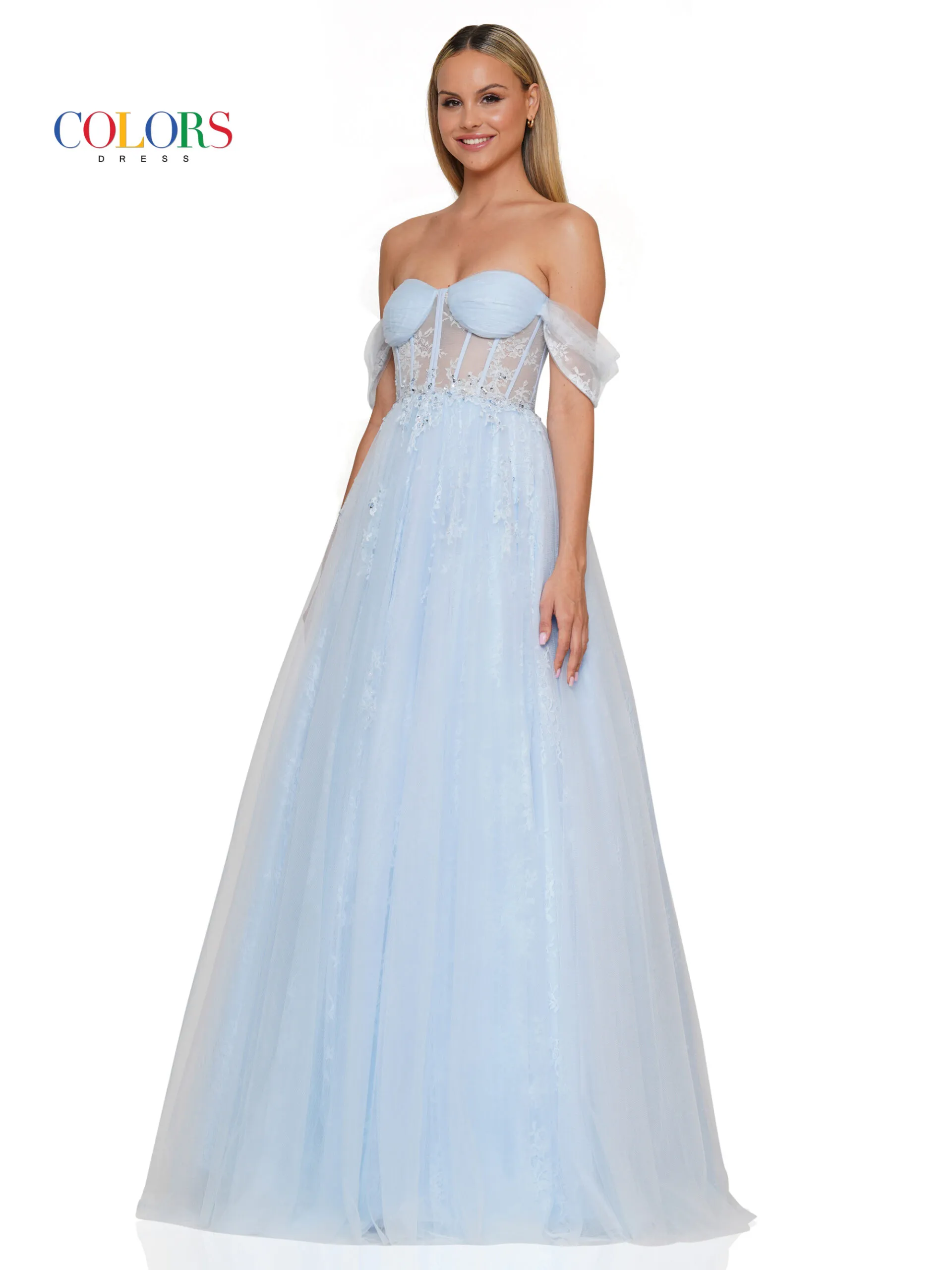 Colors Dress 3240 Long Lace Sheer Corset Ballgown Prom Dress off the Shoulder A Line Prom - Image 7