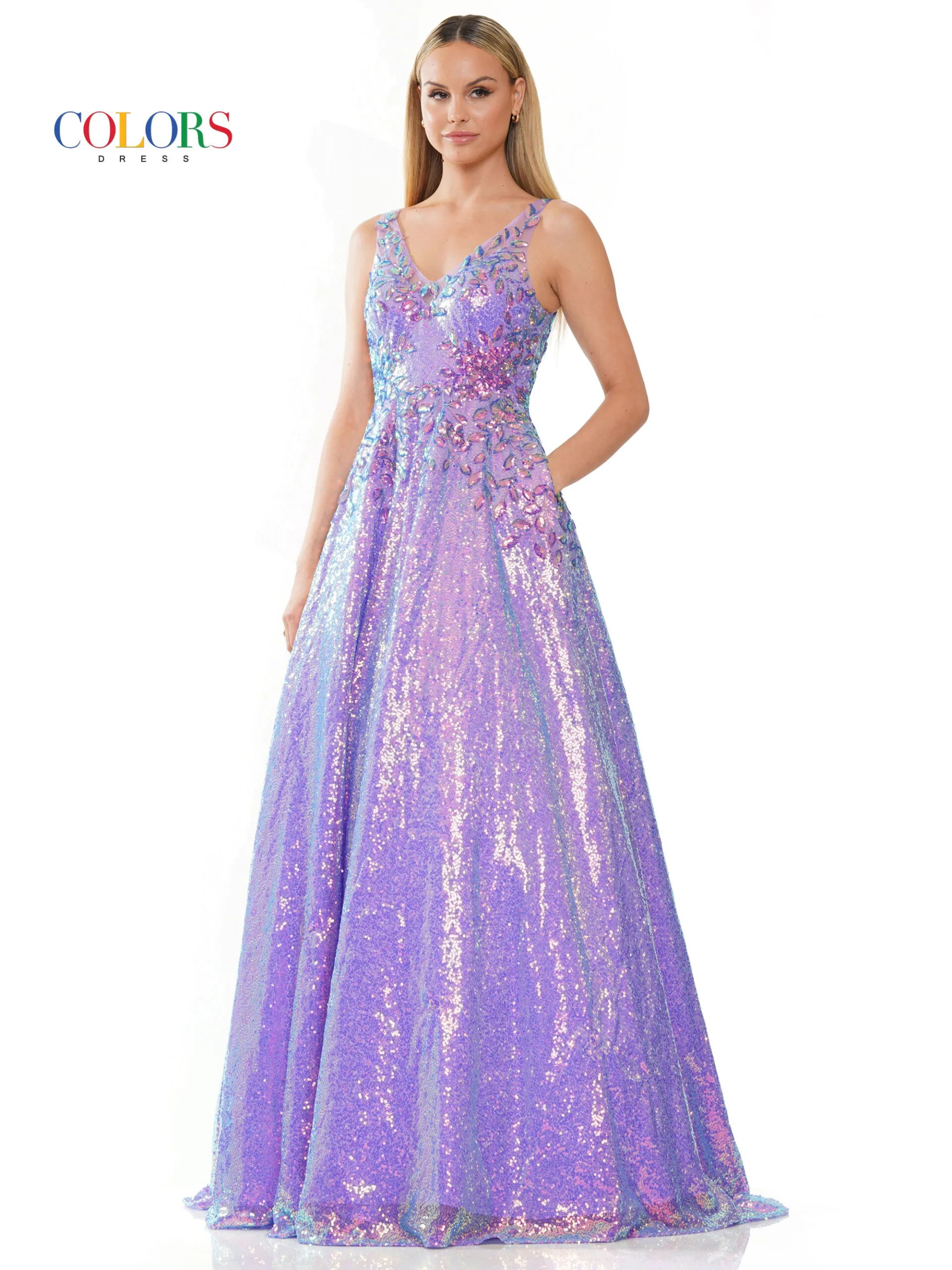 Colors Dress 3246 Size 22 Pink Sequin Lace A Line Prom Dress Pockets V Neck Formal Gown Sheer Back - Image 3