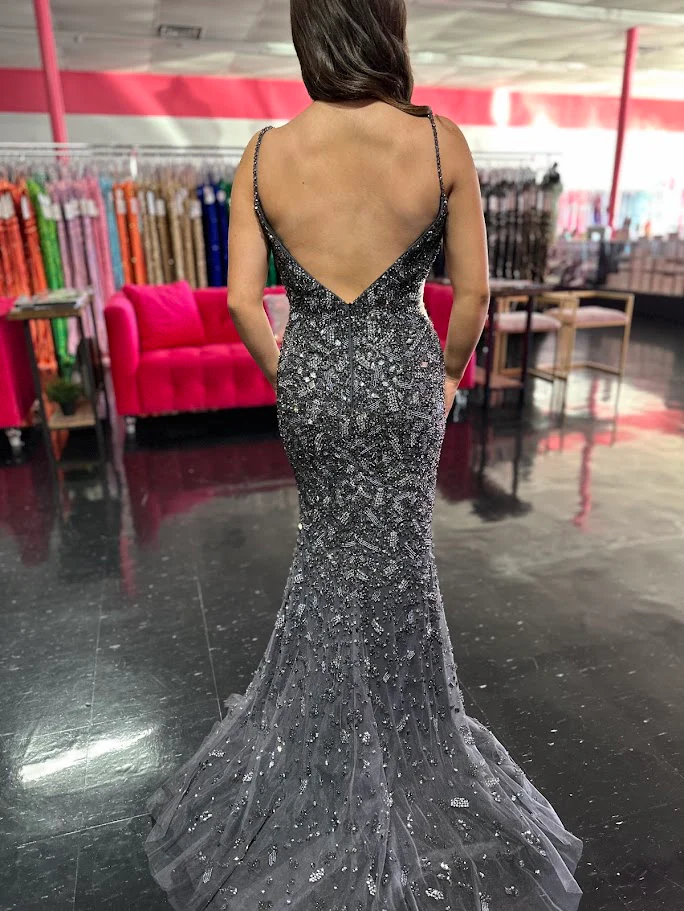Colors Dress 3387 Size 2, 10, 14 Gunmetal Fully Beaded Formal Prom Dress Evening Gown Slit V Neck Crystal - Image 3