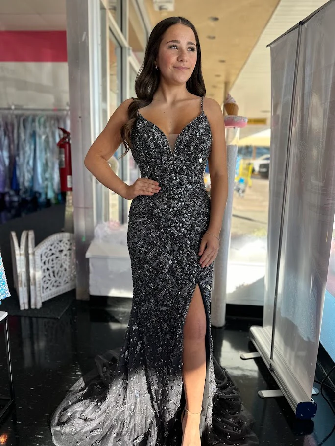 Colors Dress 3387 Size 2, 10, 14 Gunmetal Fully Beaded Formal Prom Dress Evening Gown Slit V Neck Crystal - Image 4
