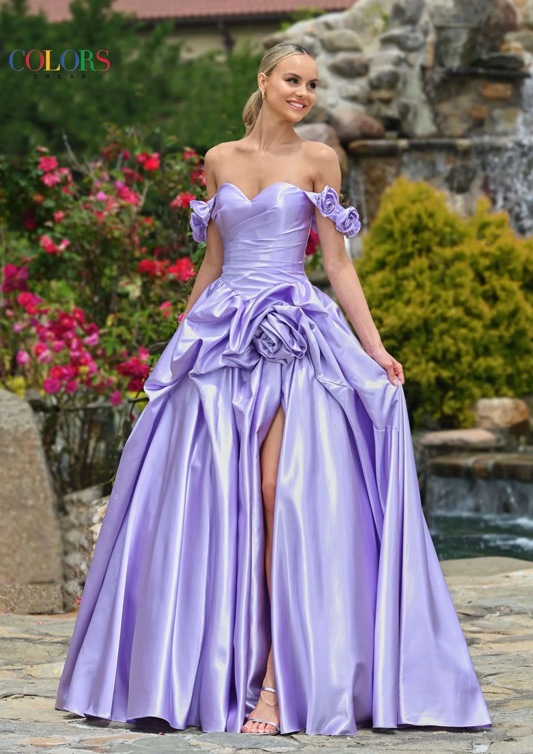 Colors Dress 3521 Satin Ballgown Maxi Slit Prom Dress off the Shoulder Formal Evening Gown - Image 2