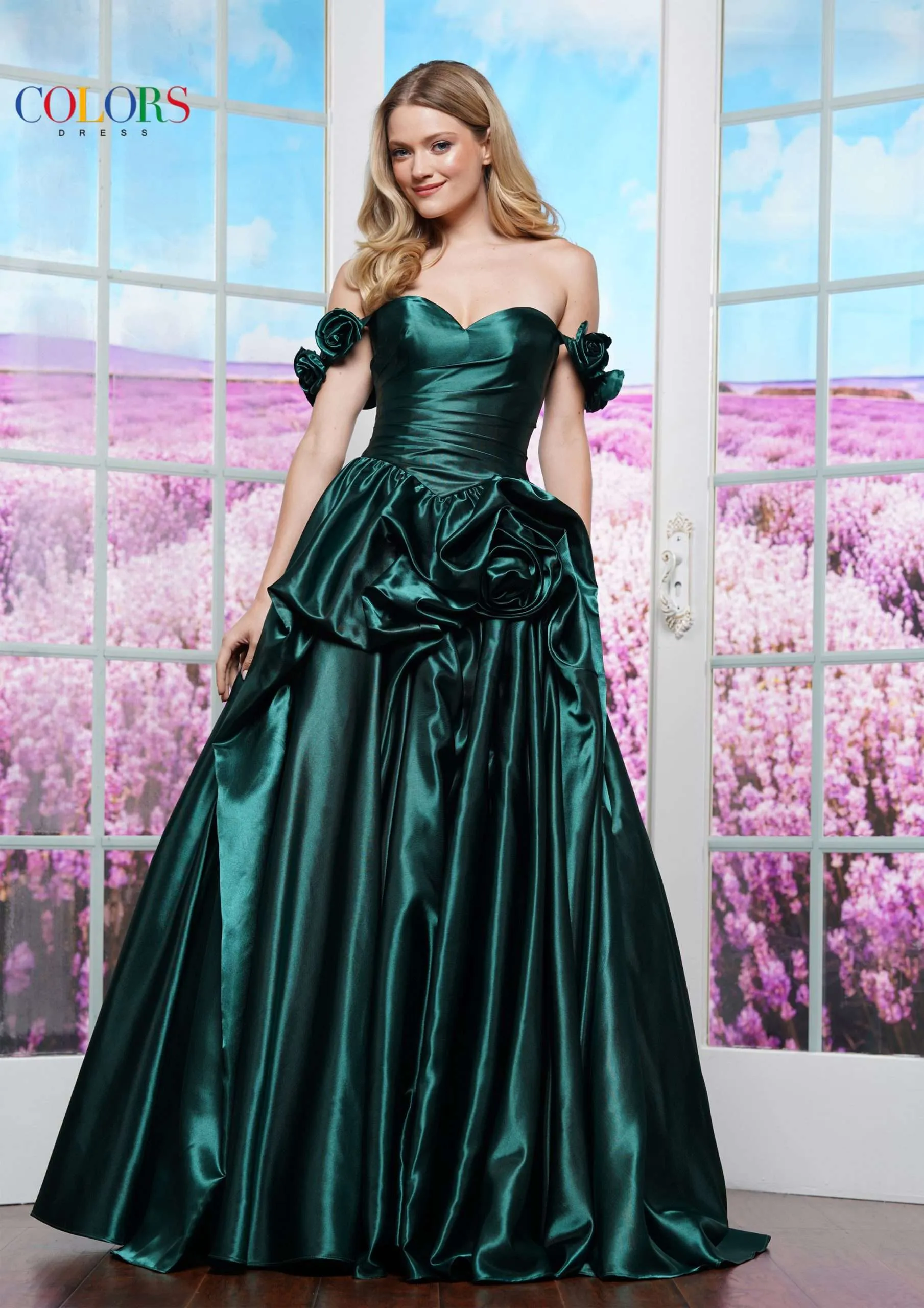 Colors Dress 3521 Satin Ballgown Maxi Slit Prom Dress off the Shoulder Formal Evening Gown - Image 4