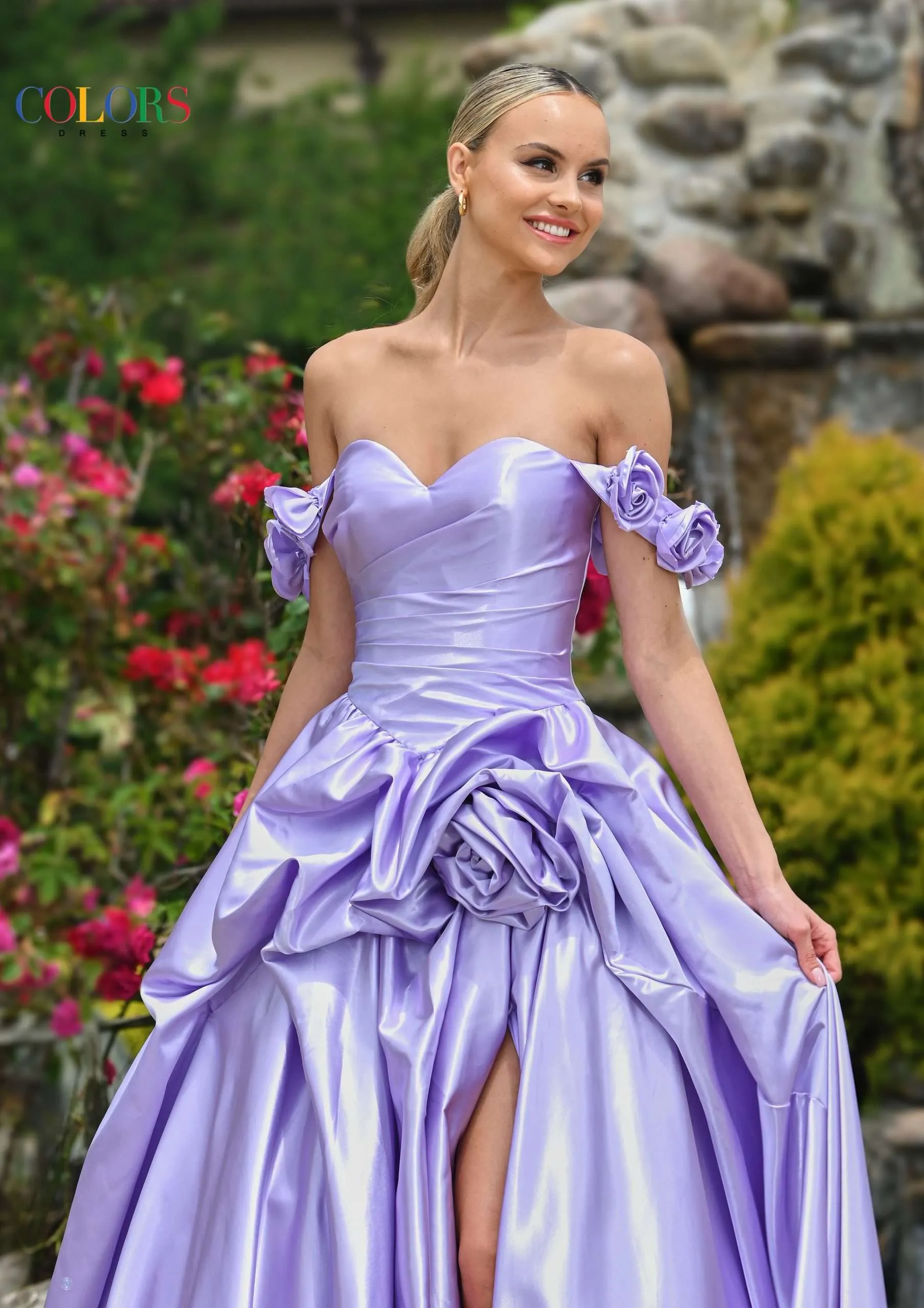 Colors Dress 3521 Satin Ballgown Maxi Slit Prom Dress off the Shoulder Formal Evening Gown - Image 5