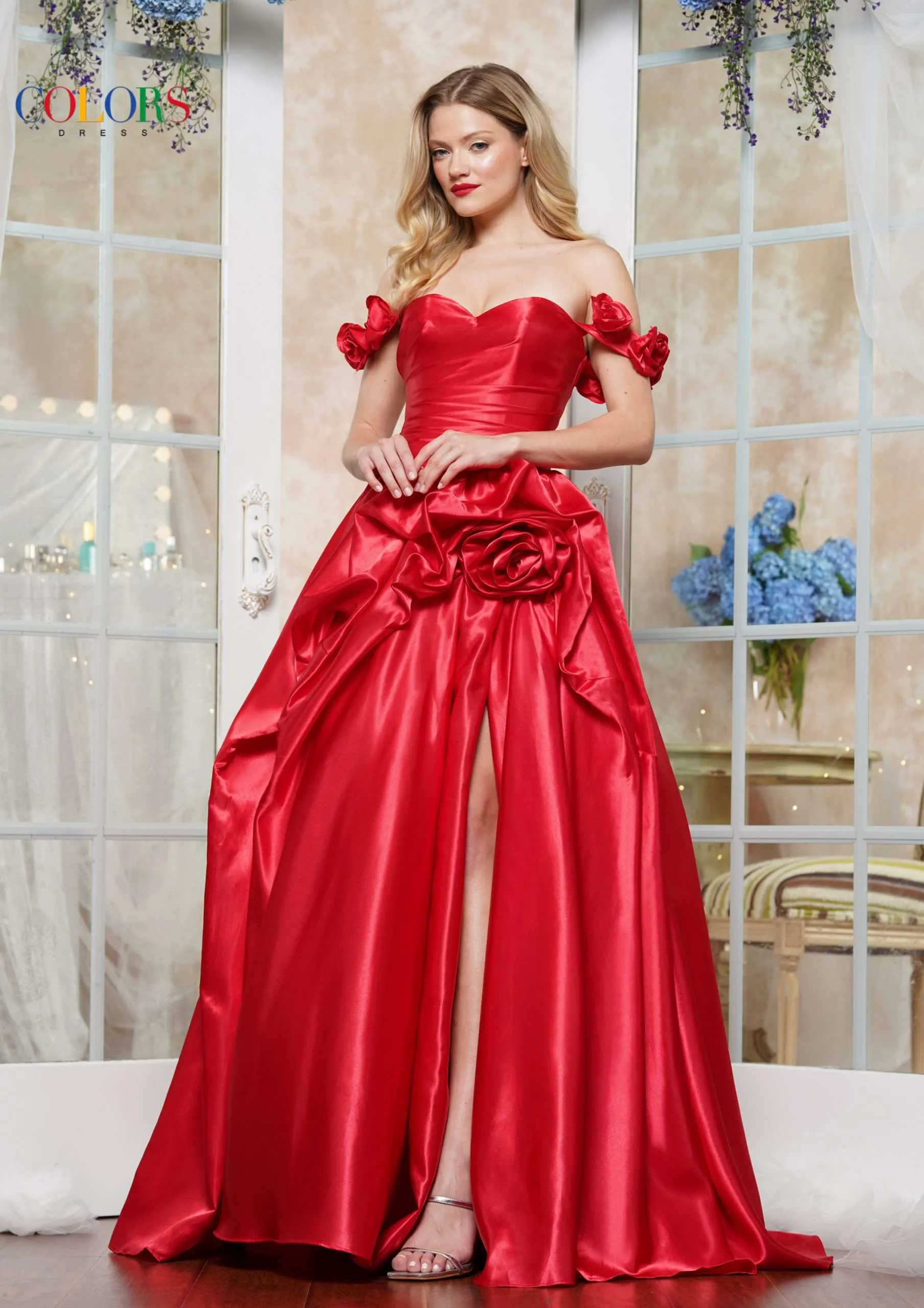 Colors Dress 3521 Satin Ballgown Maxi Slit Prom Dress off the Shoulder Formal Evening Gown - Image 6