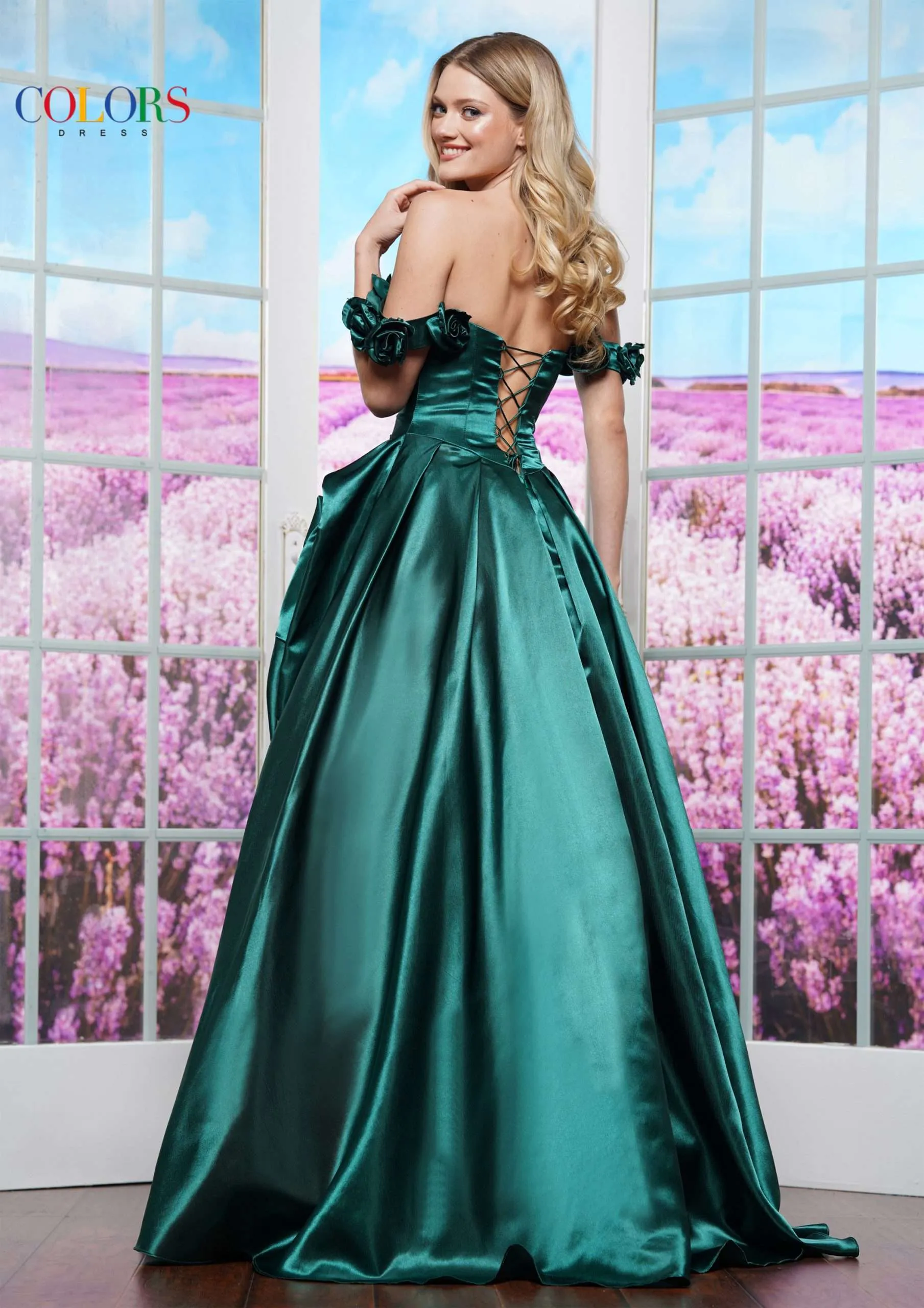 Colors Dress 3521 Satin Ballgown Maxi Slit Prom Dress off the Shoulder Formal Evening Gown - Image 7