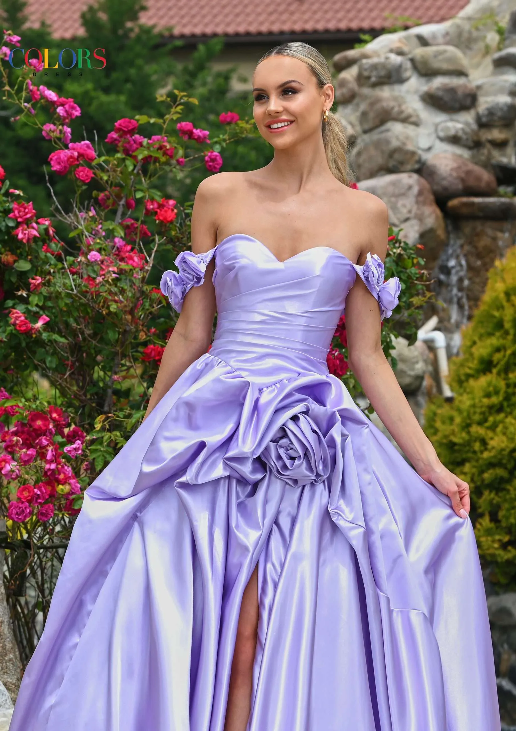 Colors Dress 3521 Satin Ballgown Maxi Slit Prom Dress off the Shoulder Formal Evening Gown - Image 8