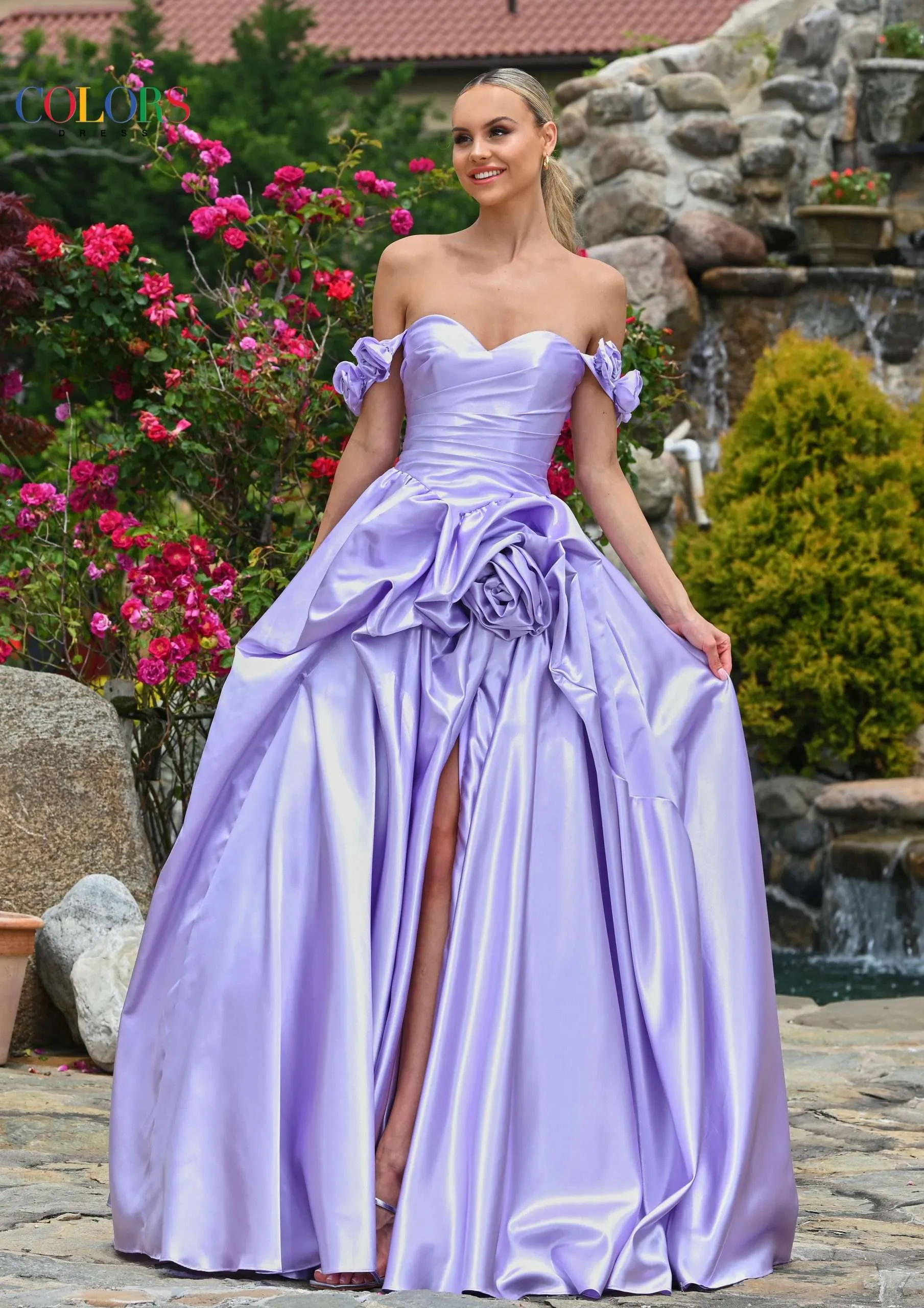 Colors Dress 3521 Satin Ballgown Maxi Slit Prom Dress off the Shoulder Formal Evening Gown - Image 9