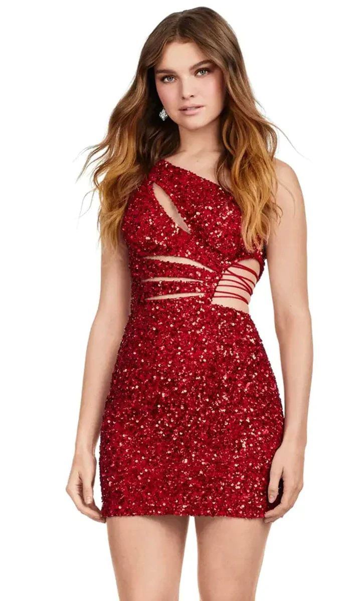 Ashley Lauren 4650 Size 00 Red Fully Beaded Open back Cut Out Tie Side Fitted Cocktail Homecoming Dress