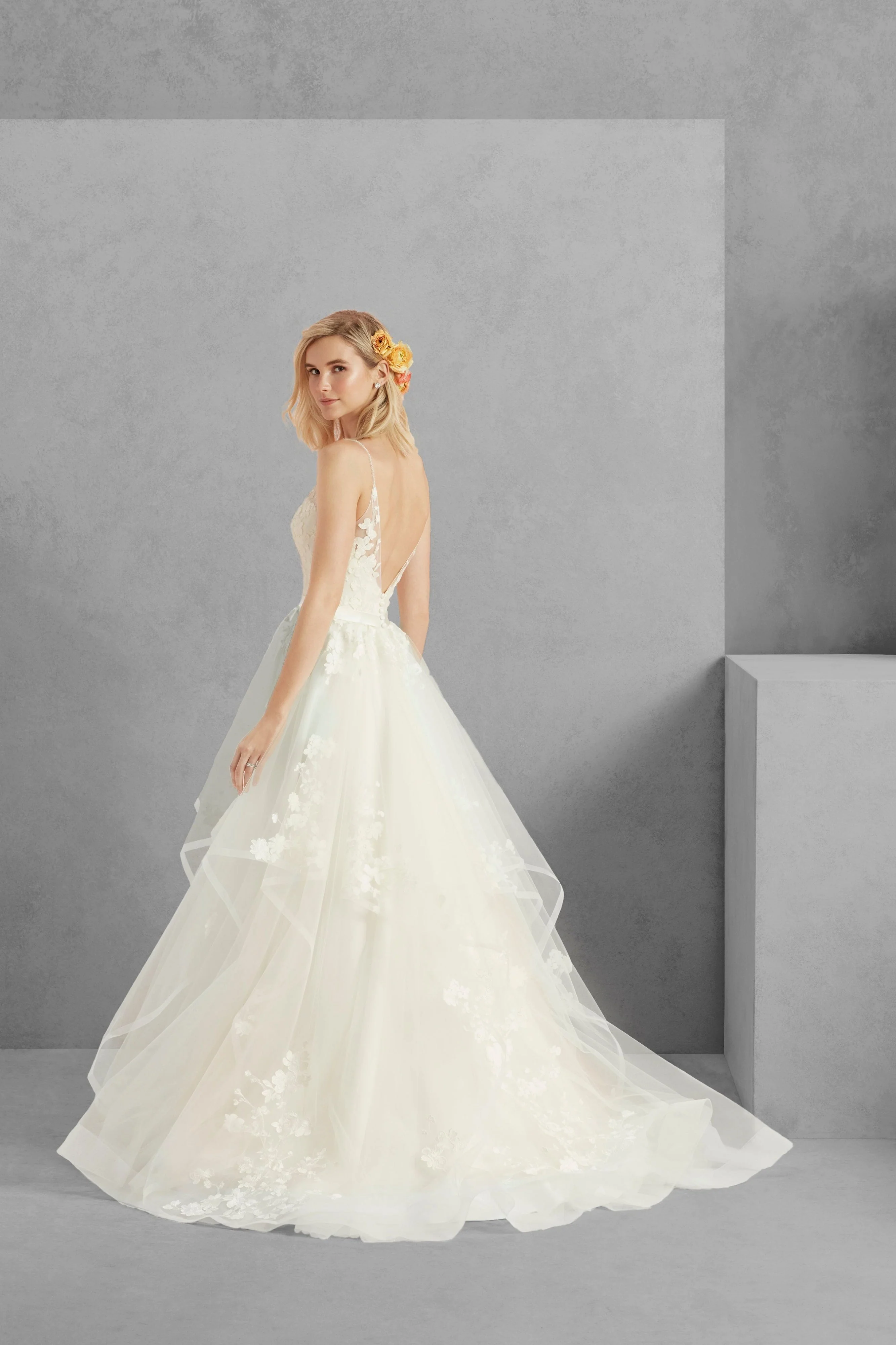 Casablanca Beloved BL219 Size 16 Ivory Butterfly Lace V Shaped Back Illusion Straps V Neck Satin Belt Satin Buttons Feminine Long Wedding Gown - Image 2