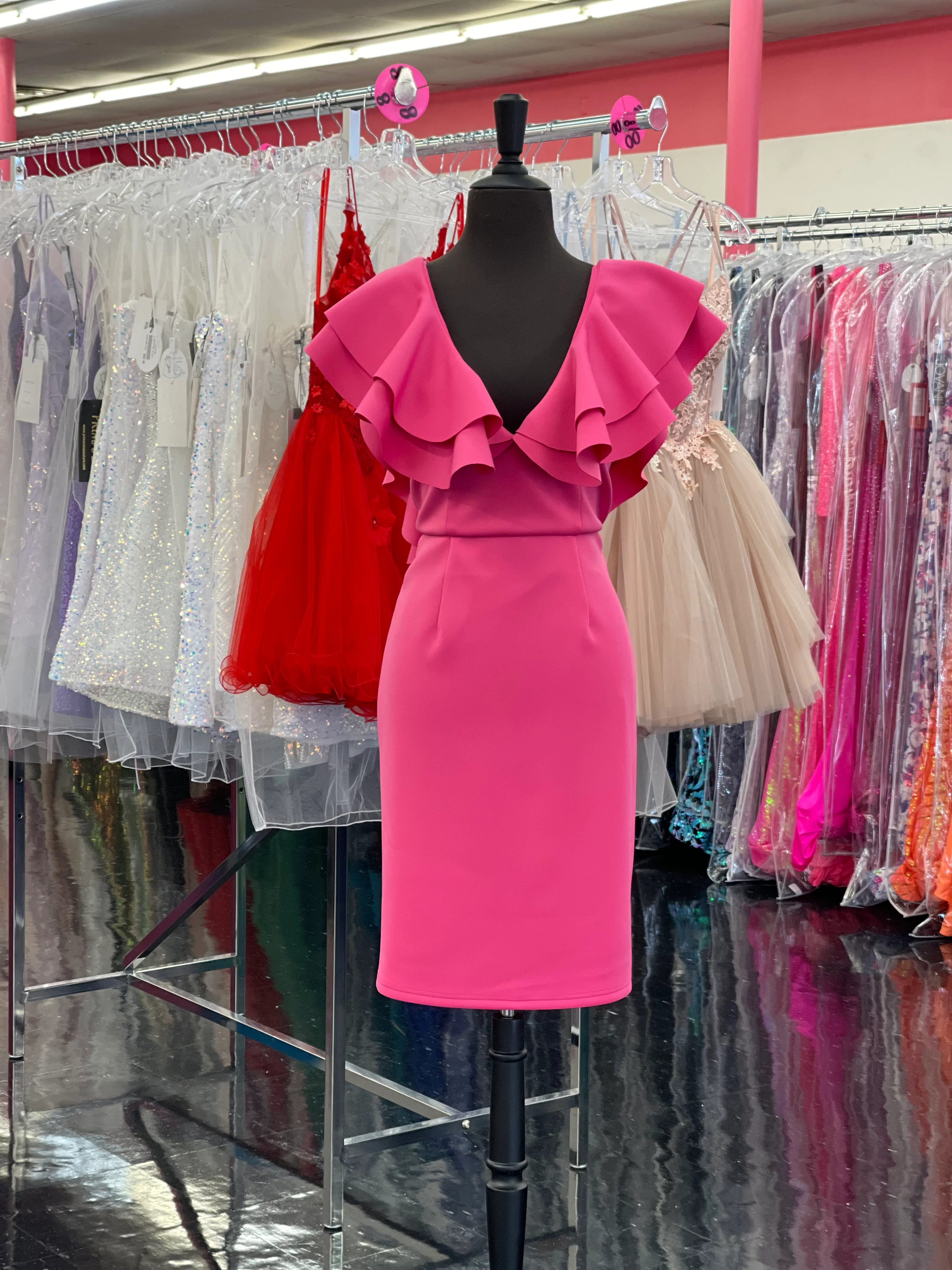 Marc Defang 8164 Size 10 Hot Pink  short tea length Ruffle shoulder cocktail dress