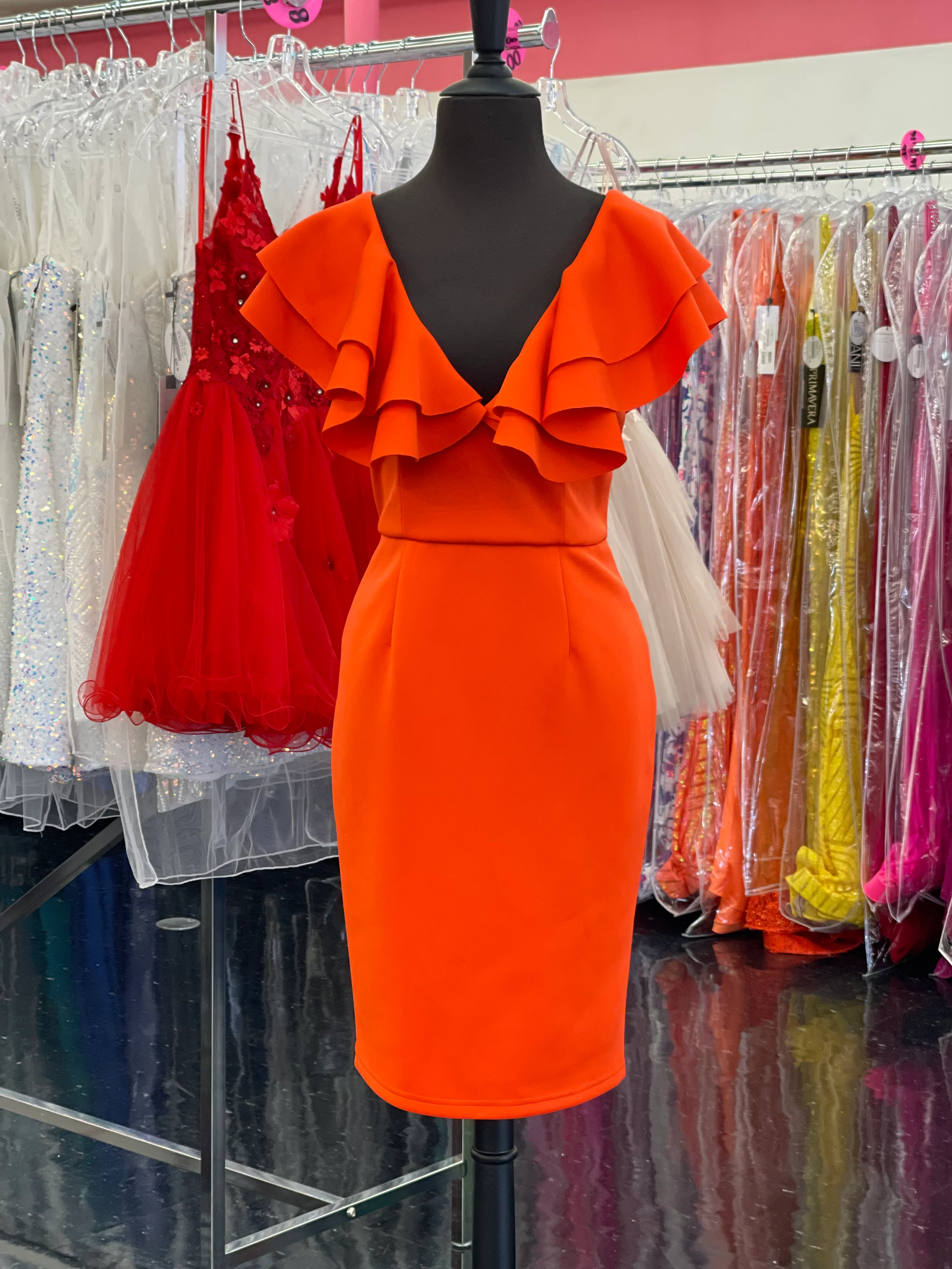 Marc Defang 8164 Size 8 Neon Orange short tea length Ruffle shoulder cocktail dress