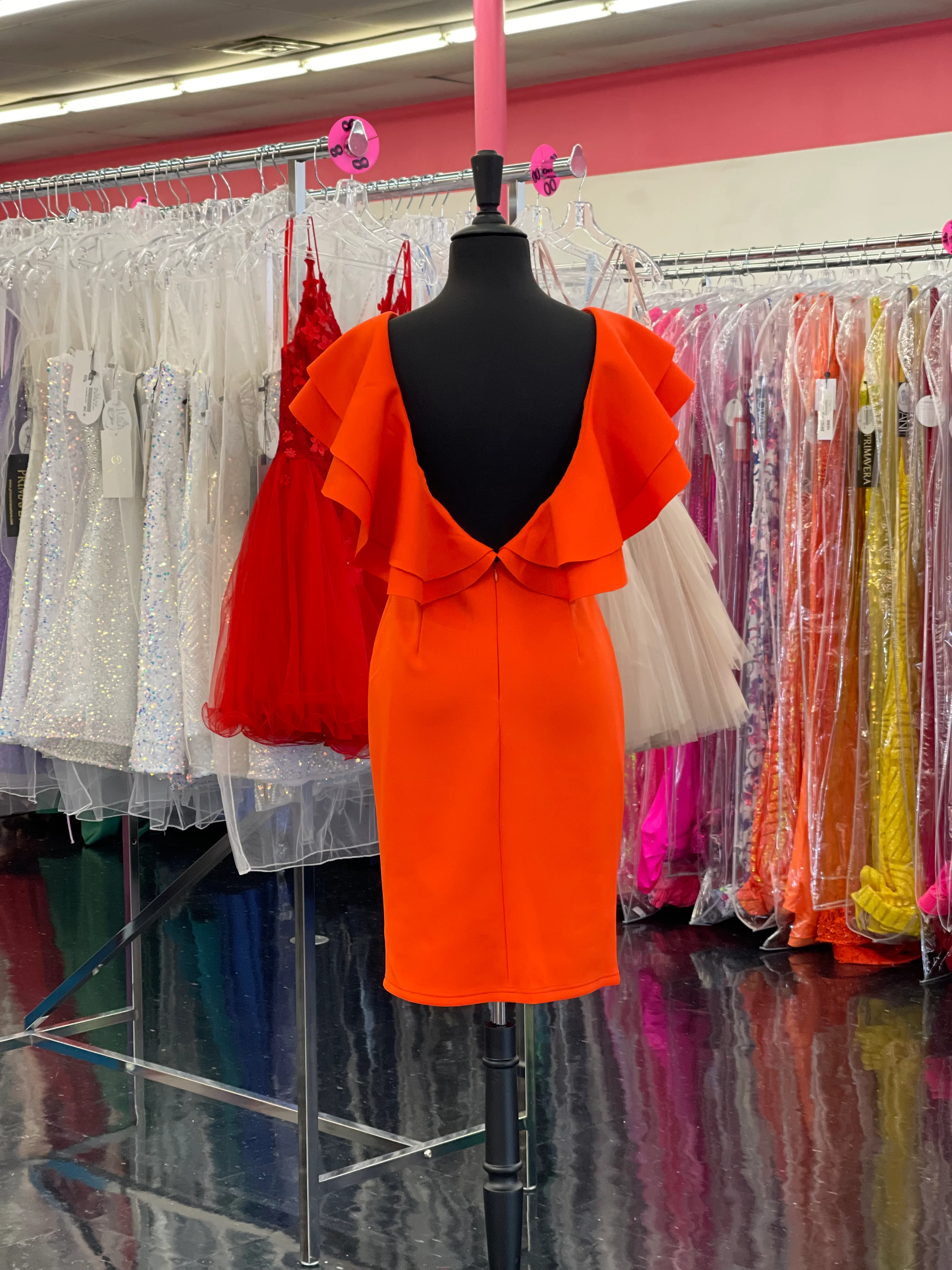 Marc Defang 8164 Size 8 Neon Orange short tea length Ruffle shoulder cocktail dress - Image 2