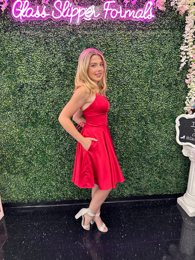Dave & Johnny 10749 Size 2 Hot Pink Short Satin Flared Corset Back Cocktail Dress Pockets - Image 2