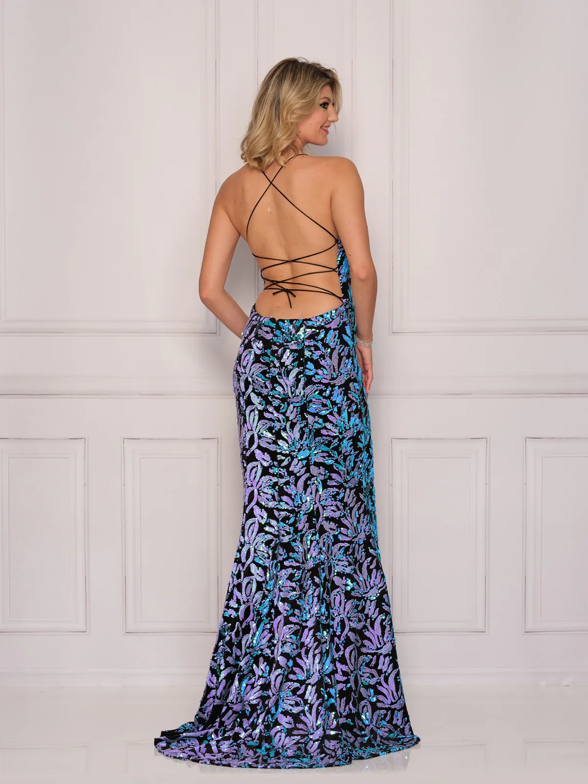 Dave and Johnny 10285 Fuchsia Pink Prom Dress size 12 Velvet Sequin V neckline lace up tie open back - Image 2
