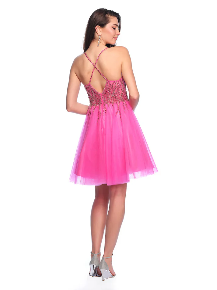 Dave & Johnn 11764 Short Shimmer Tulle Flared Homecoming Dress Sheer Beaded Bodice - Image 2