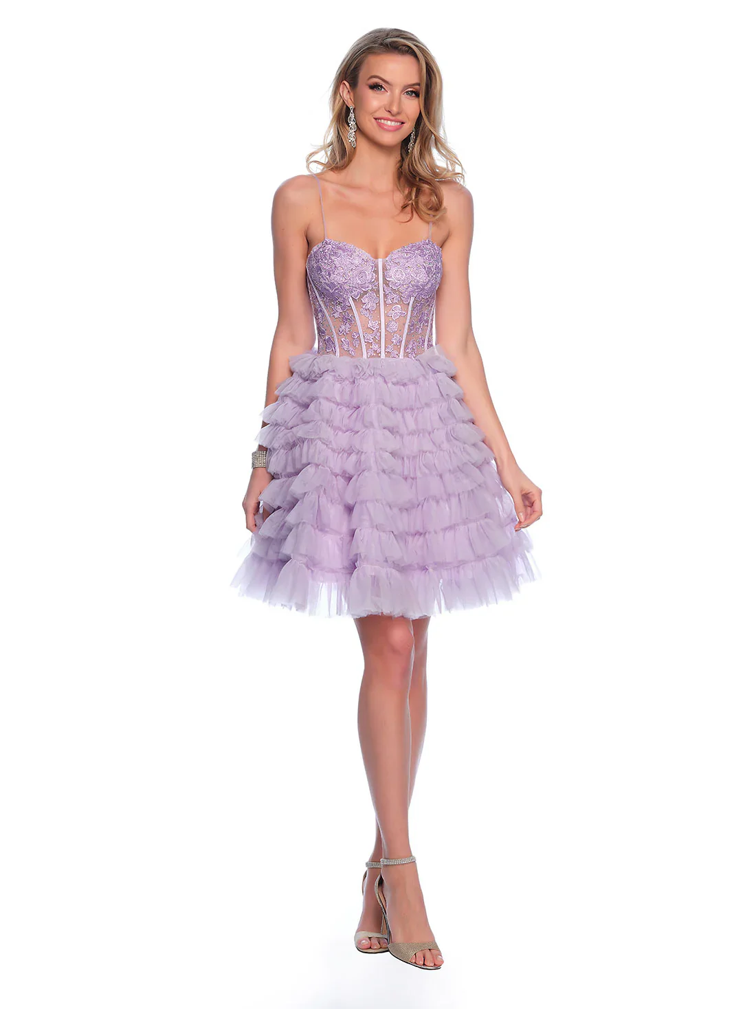 Dave & Johnny 11766 Size 8 Lilac Layer Ruffle A Line Homecoming Dress Sheer Lace Corset Cocktail Gown