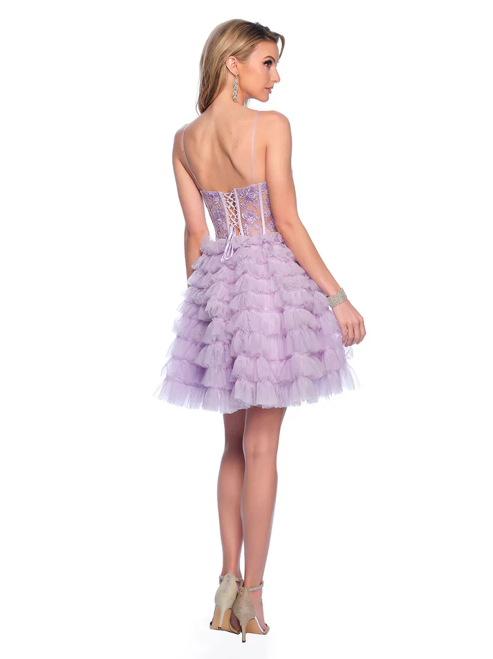 Dave & Johnny 11766 Size 8 Lilac Layer Ruffle A Line Homecoming Dress Sheer Lace Corset Cocktail Gown - Image 2