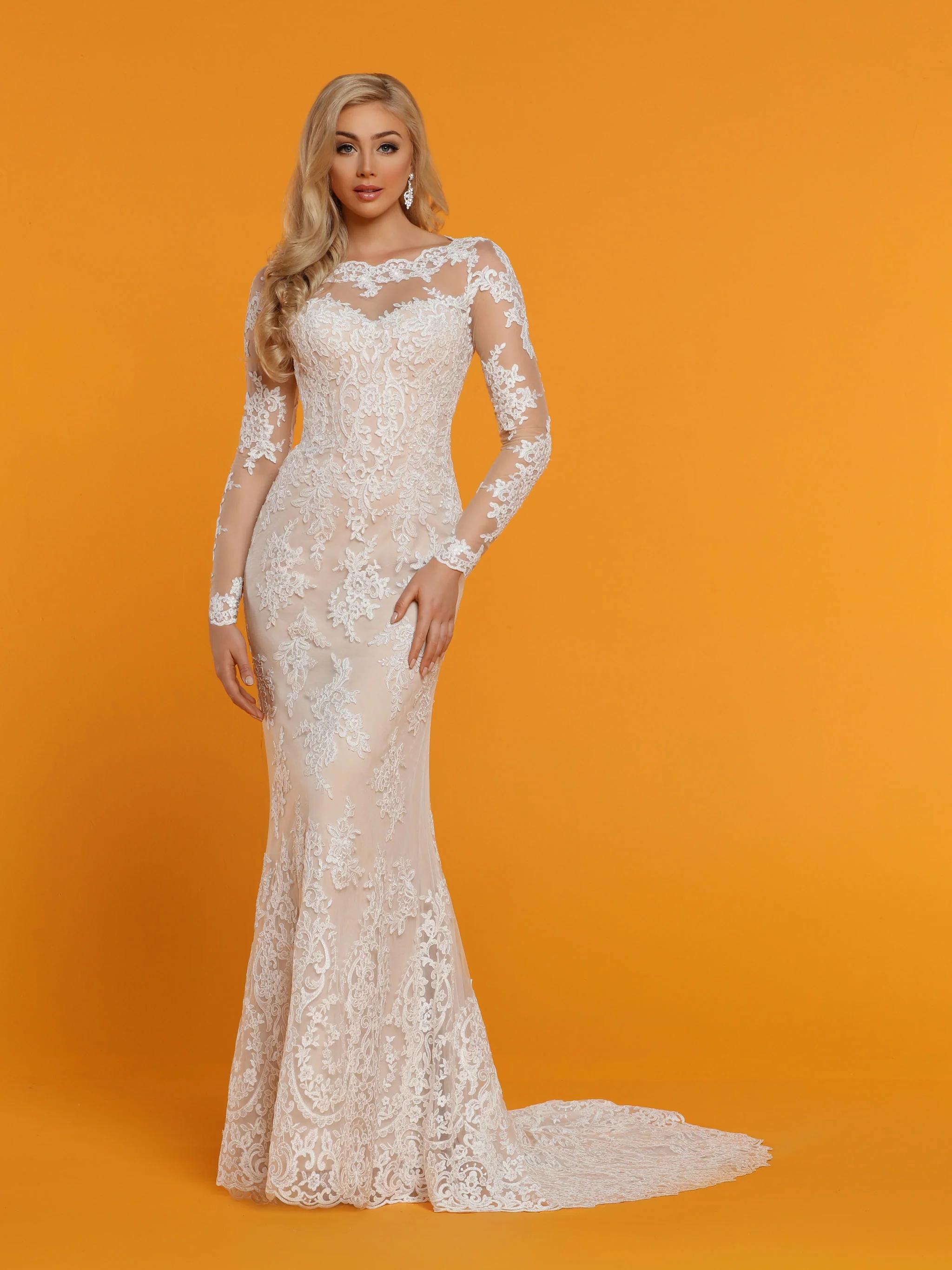 Davinci Bridal 50516 Sheer Lace Fitted Fit Flare Mermaid Wedding Dress Sleeves Illusion