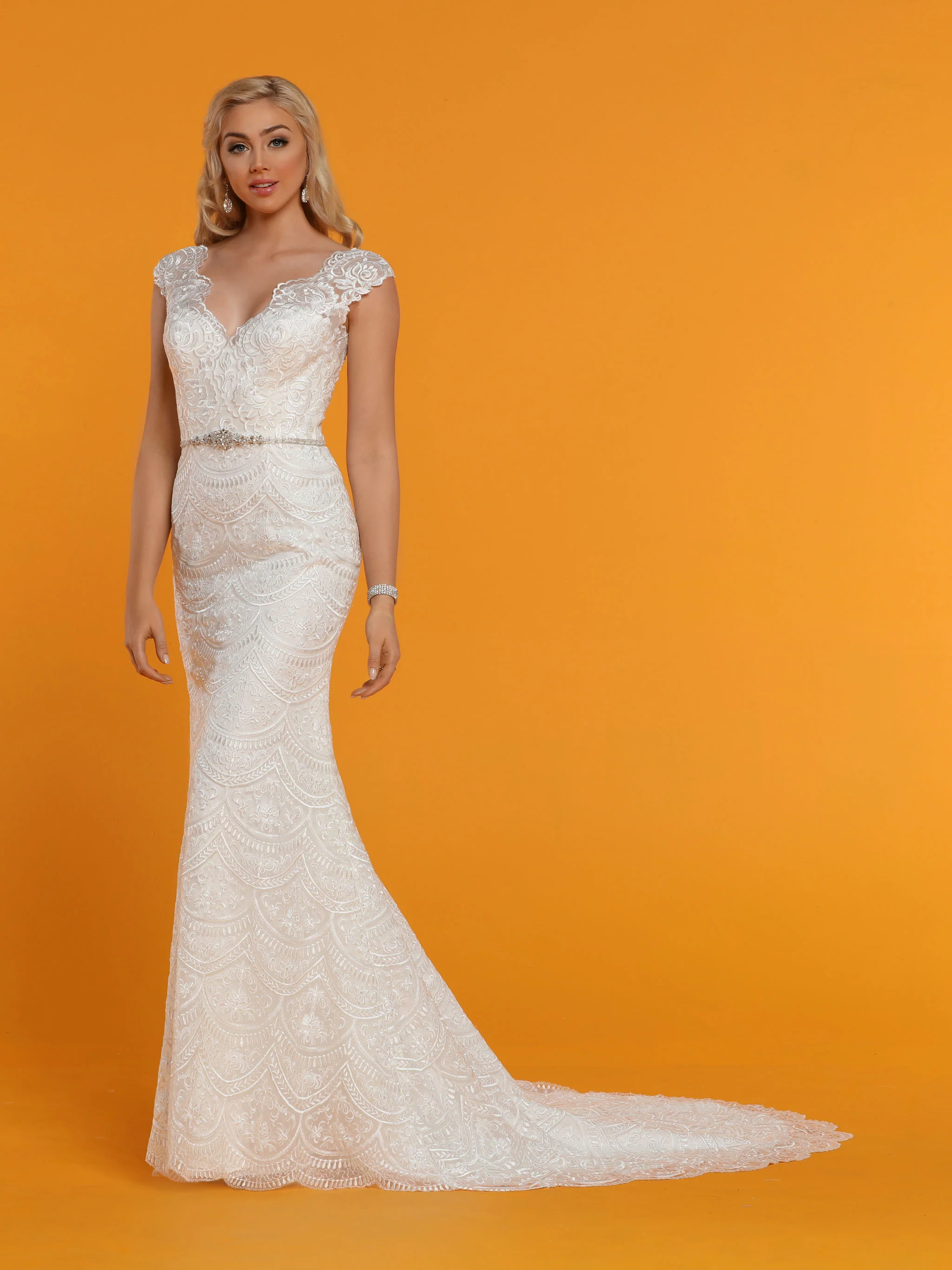 Davinci Bridal 50540 Fitted V Neck Fit & Flare Mermaid Lace Wedding Dress Sheer Back