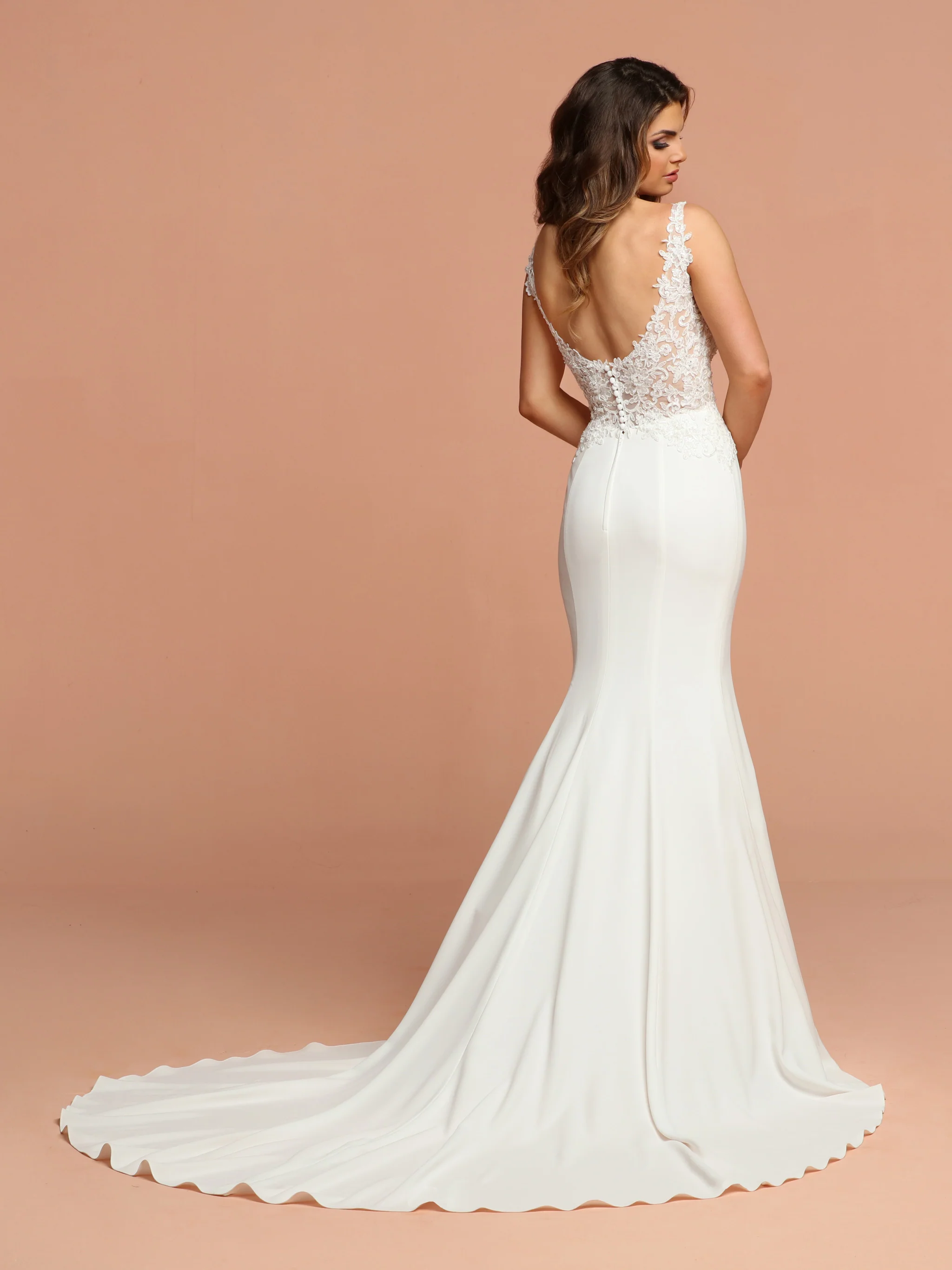 Davinci Bridal 50592 Crepe Mermaid Sheer Lace Wedding Dress Open Back V Neck Gown - Image 2