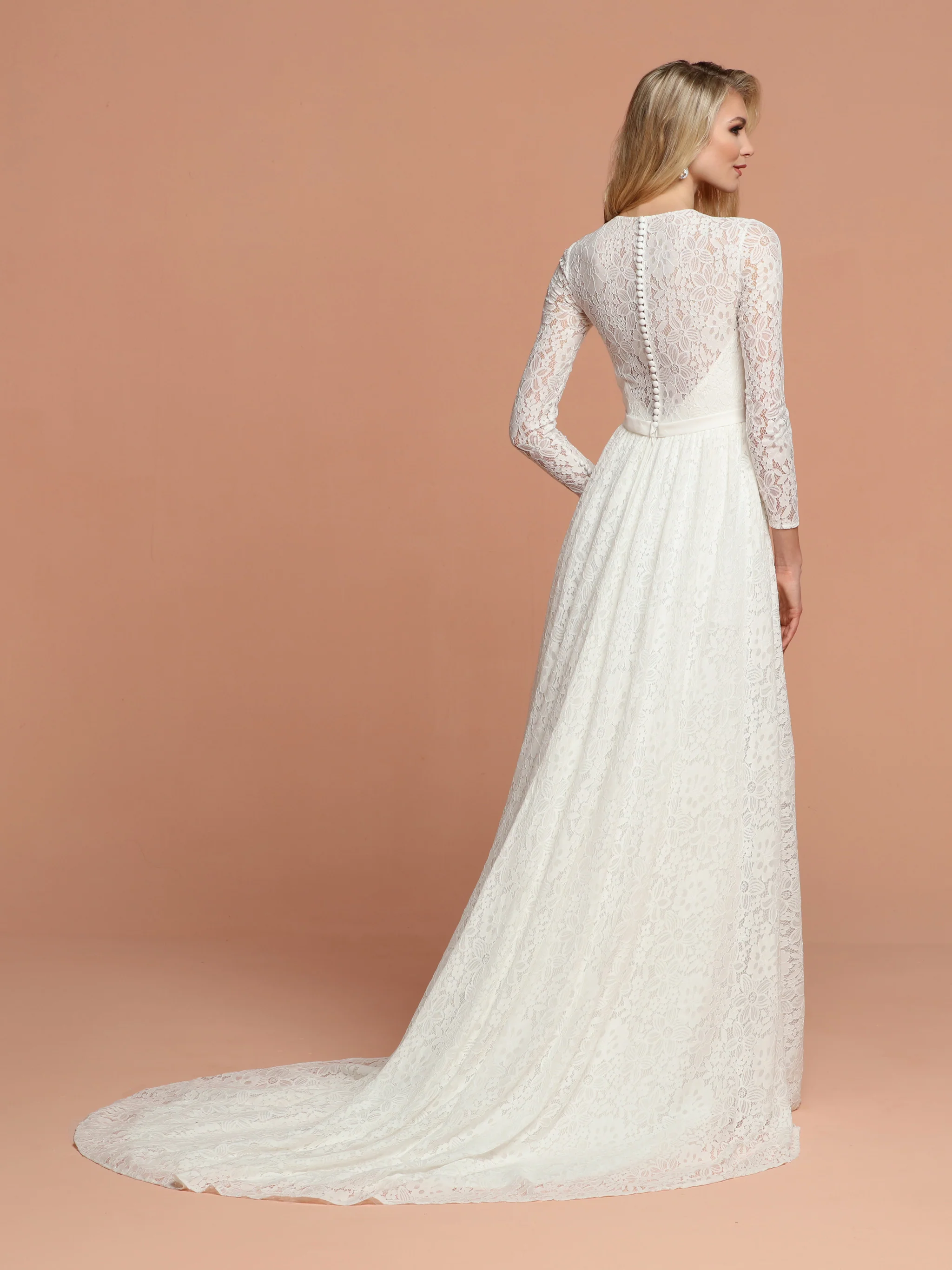 Davinci Bridal 50596 All over Sheer Lace Long Sleeve Neckline Slit Wedding Dress Sweetheart - Image 2