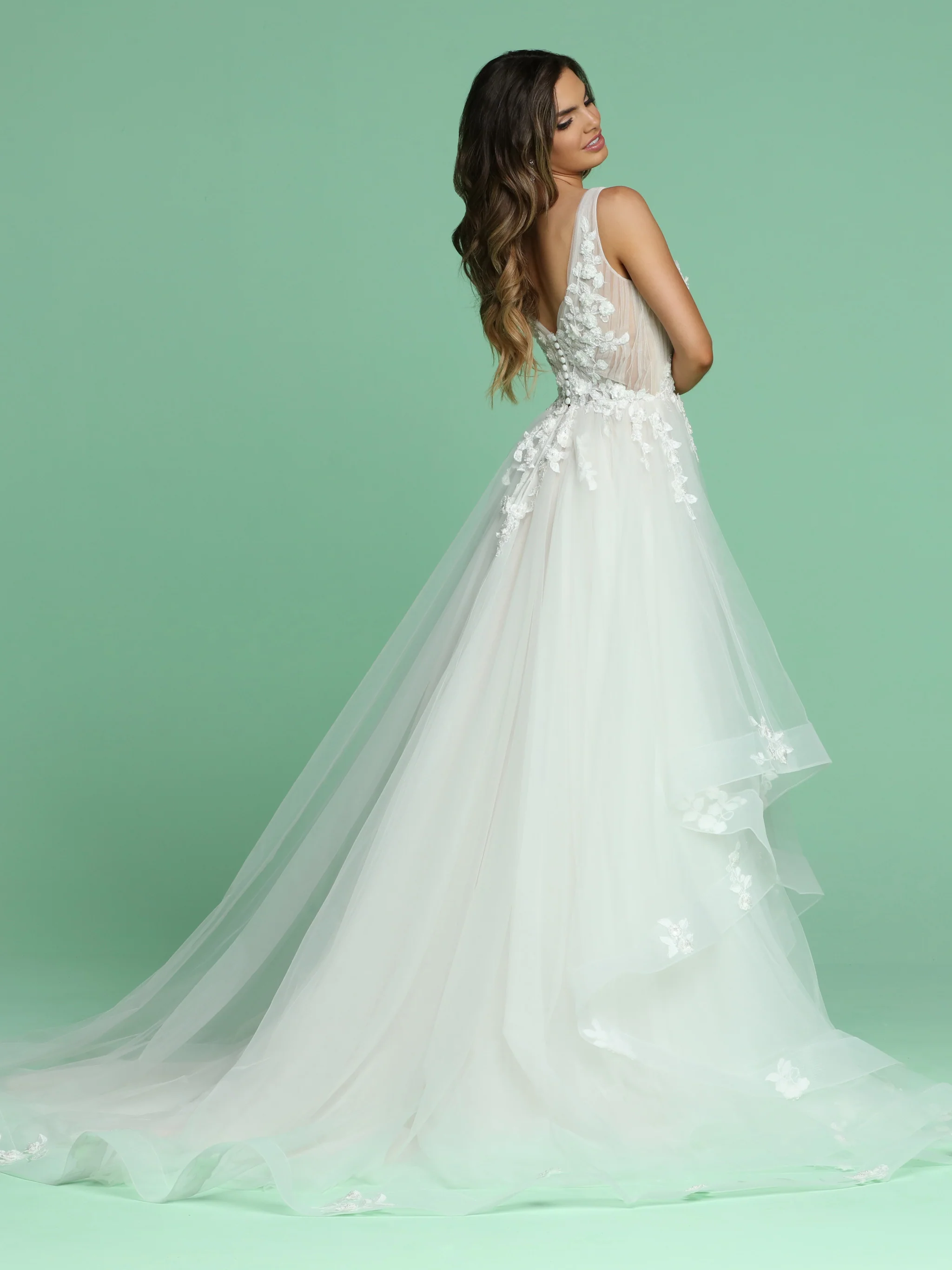 Davinci Bridal 50601 Layered Floral Applique V Neck Ballgown Wedding Dress Train - Image 3