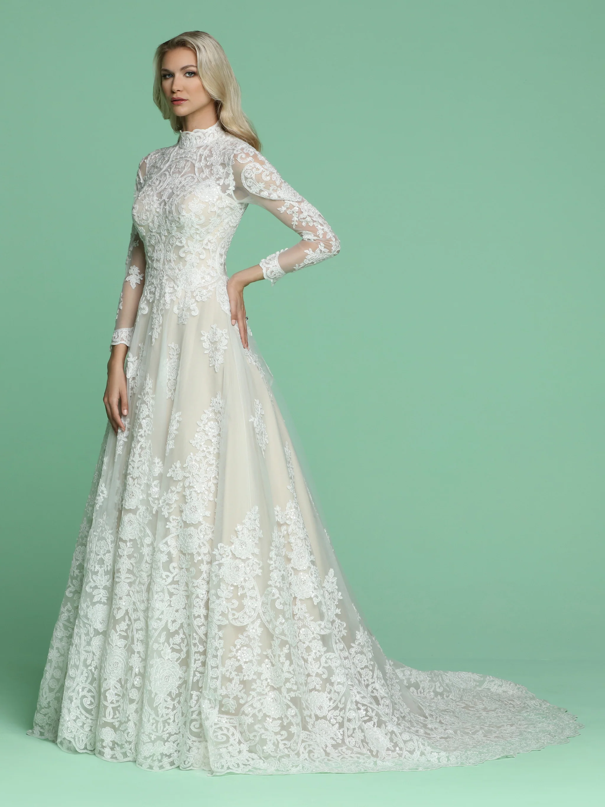 Davinci Bridal 50607 Long Sleeve Sheer Lace A Line Wedding Dress High Neck - Image 3