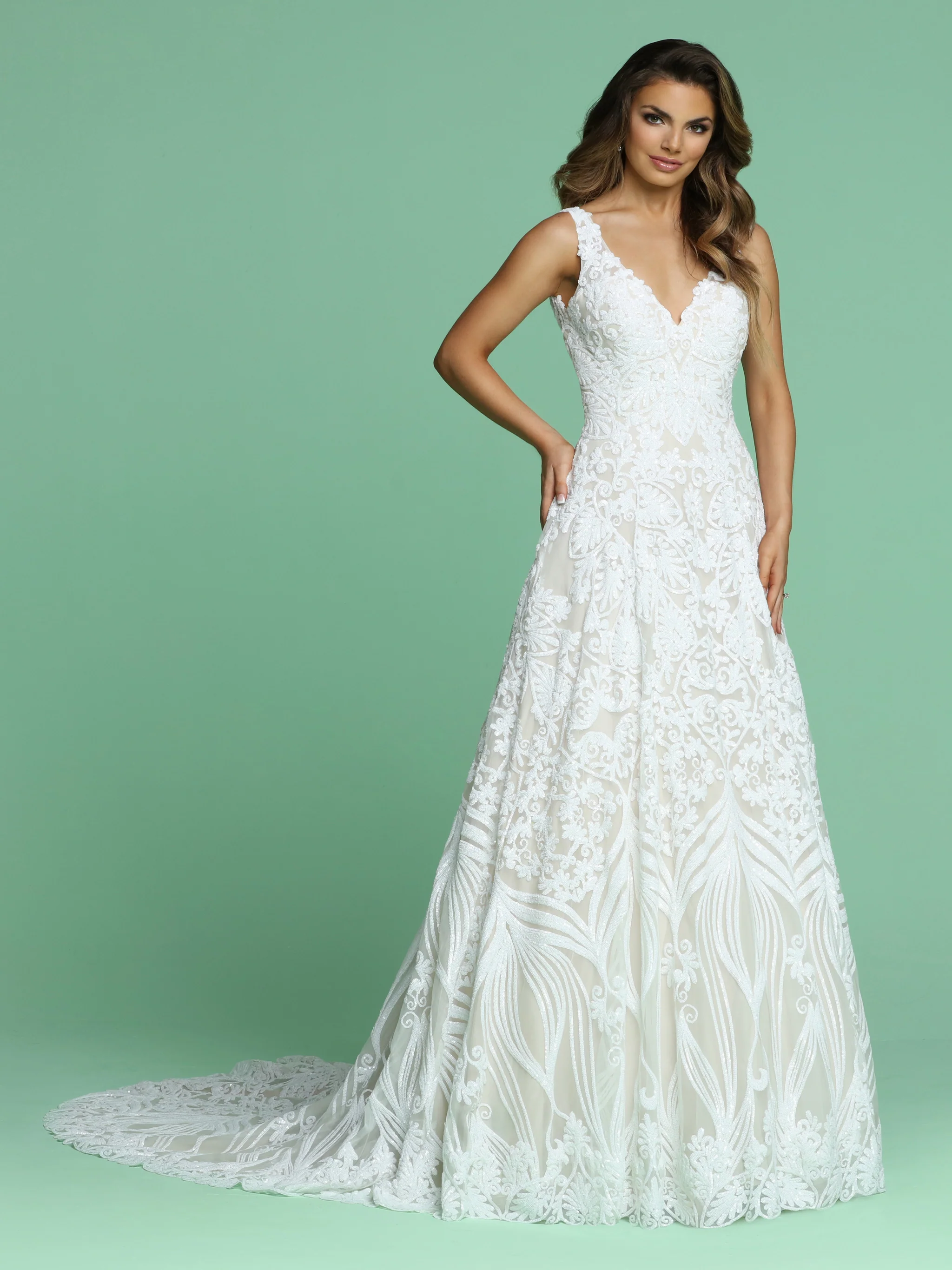 Davinci Bridal 50613 Long Sequin Ballgown A Line Wedding Dress V Neck Gown - Image 3