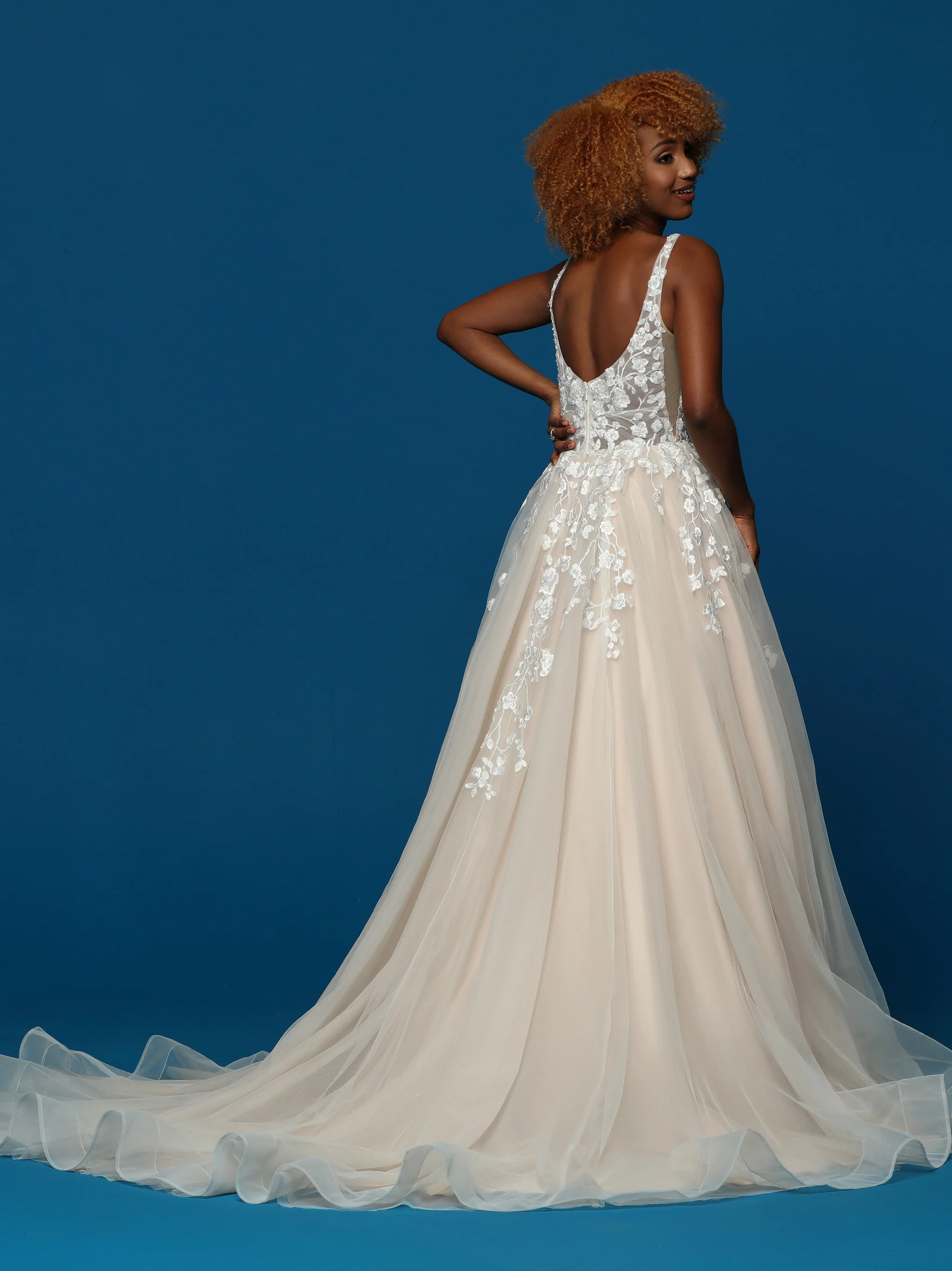 Davinci Bridal 50637 Long A Line Sheer Lace V neck wedding Dress Train Floral Gown - Image 2