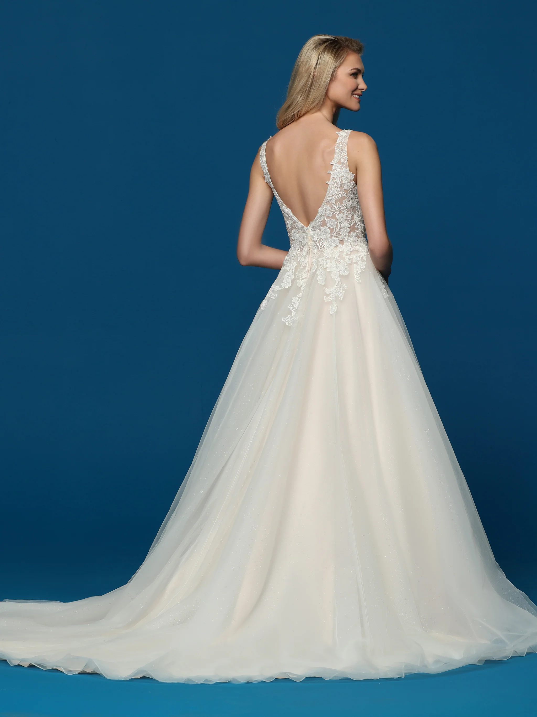 Davinci Bridal 50646 Shimmer A Line Wedding Dress Lace Sheer High Neck Gown Train - Image 2