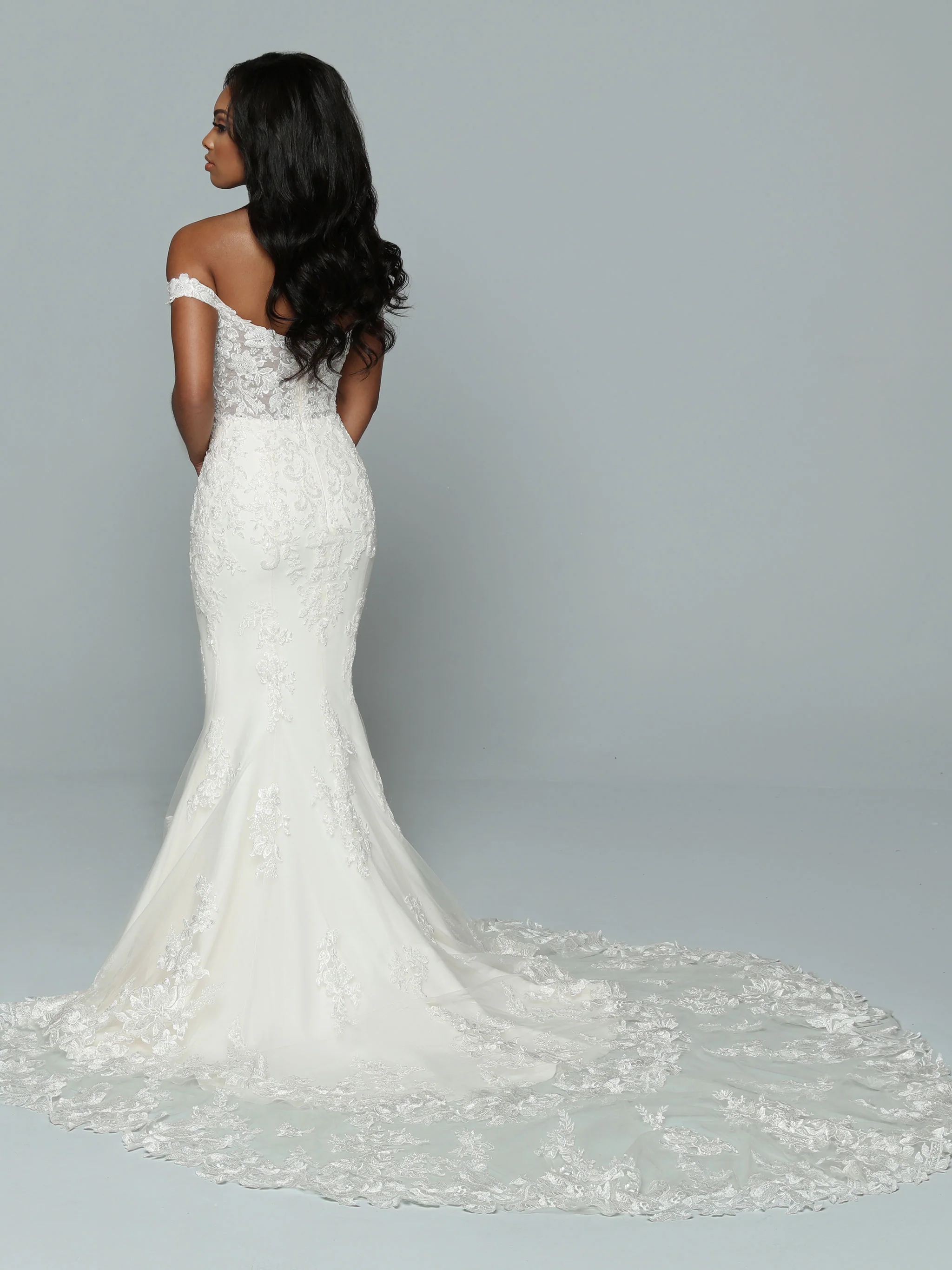 Davinci Bridal 50664 Off the Shoulder Beaded Lace Mermaid Weddings Dress Sheer Train - Image 2