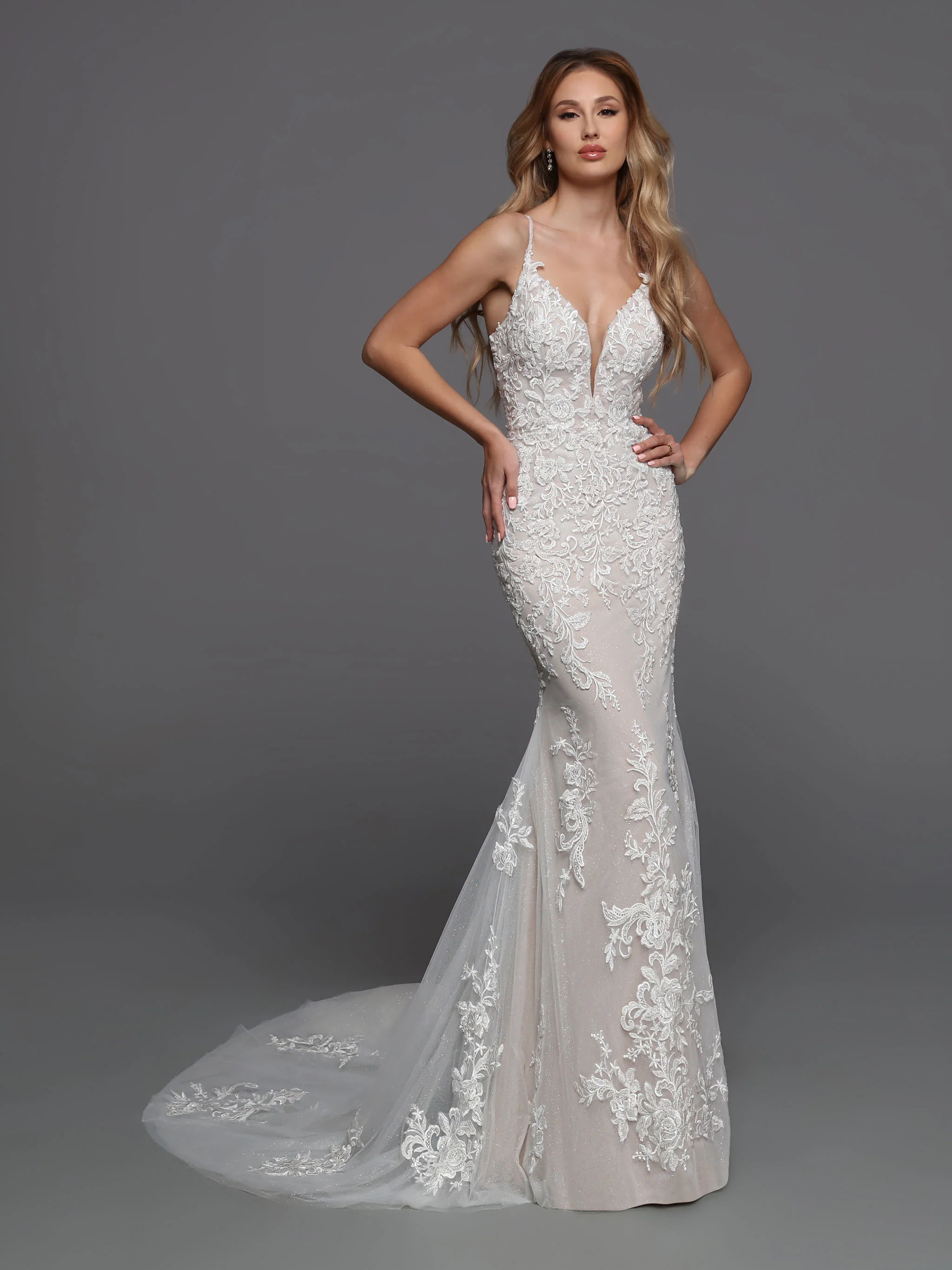 DaVinci Bridal 50720 Lace Wedding Dress Column Detachable Overskirt V Neckline Sheer Back - Image 3
