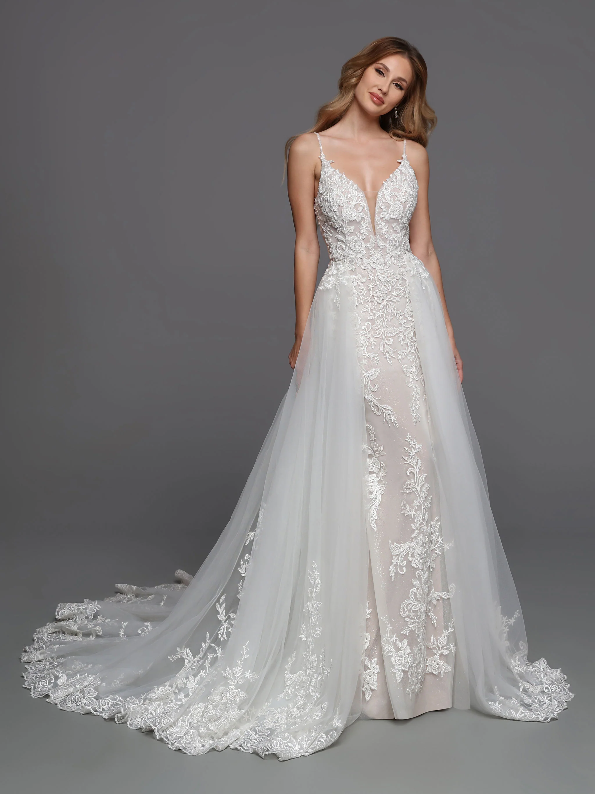 DaVinci Bridal 50720 Lace Wedding Dress Column Detachable Overskirt V Neckline Sheer Back - Image 4