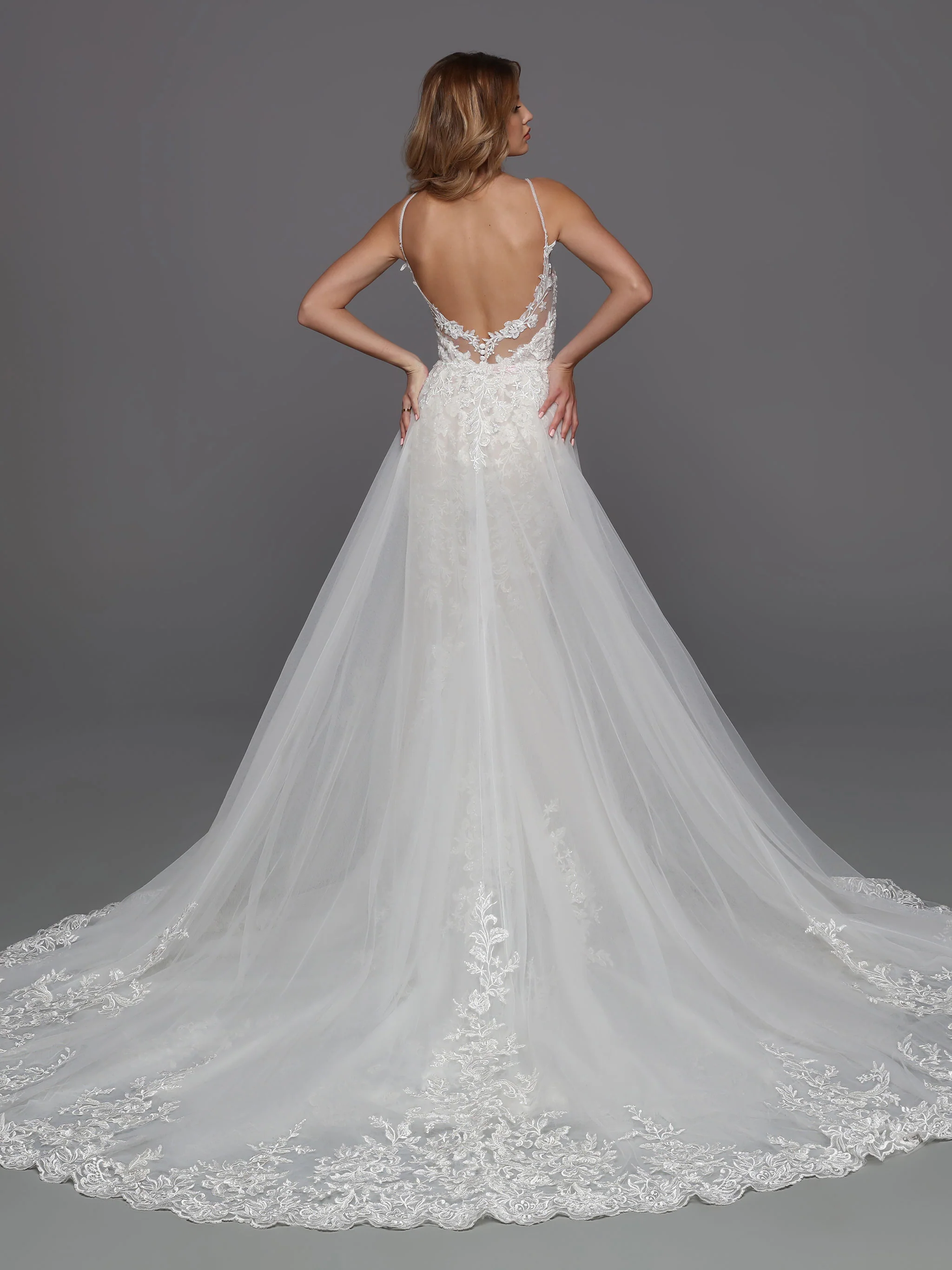 DaVinci Bridal 50720 Lace Wedding Dress Column Detachable Overskirt V Neckline Sheer Back - Image 5
