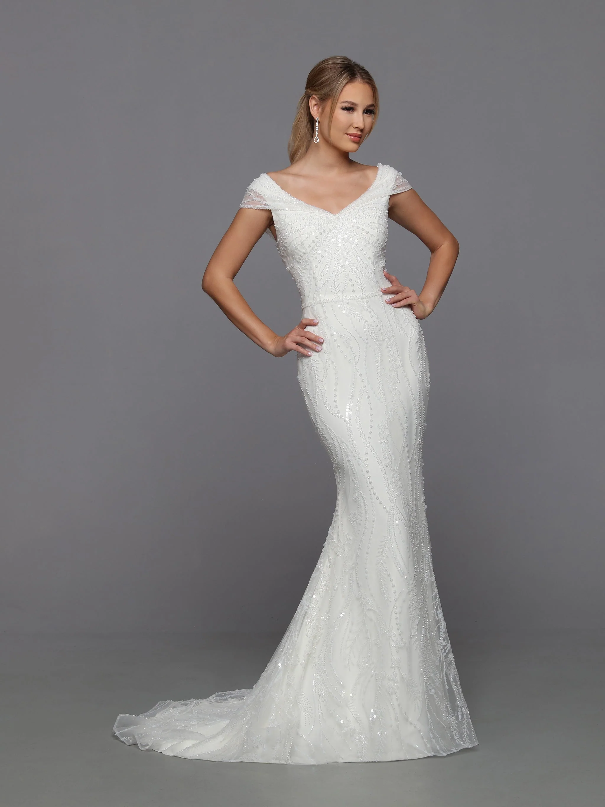 Davinci Bridal 50762 Size 12 Ivory Long Beaded Sequin Mermaid Bridal Gown Overskirt off Shoulder Cap sleeve - Image 2